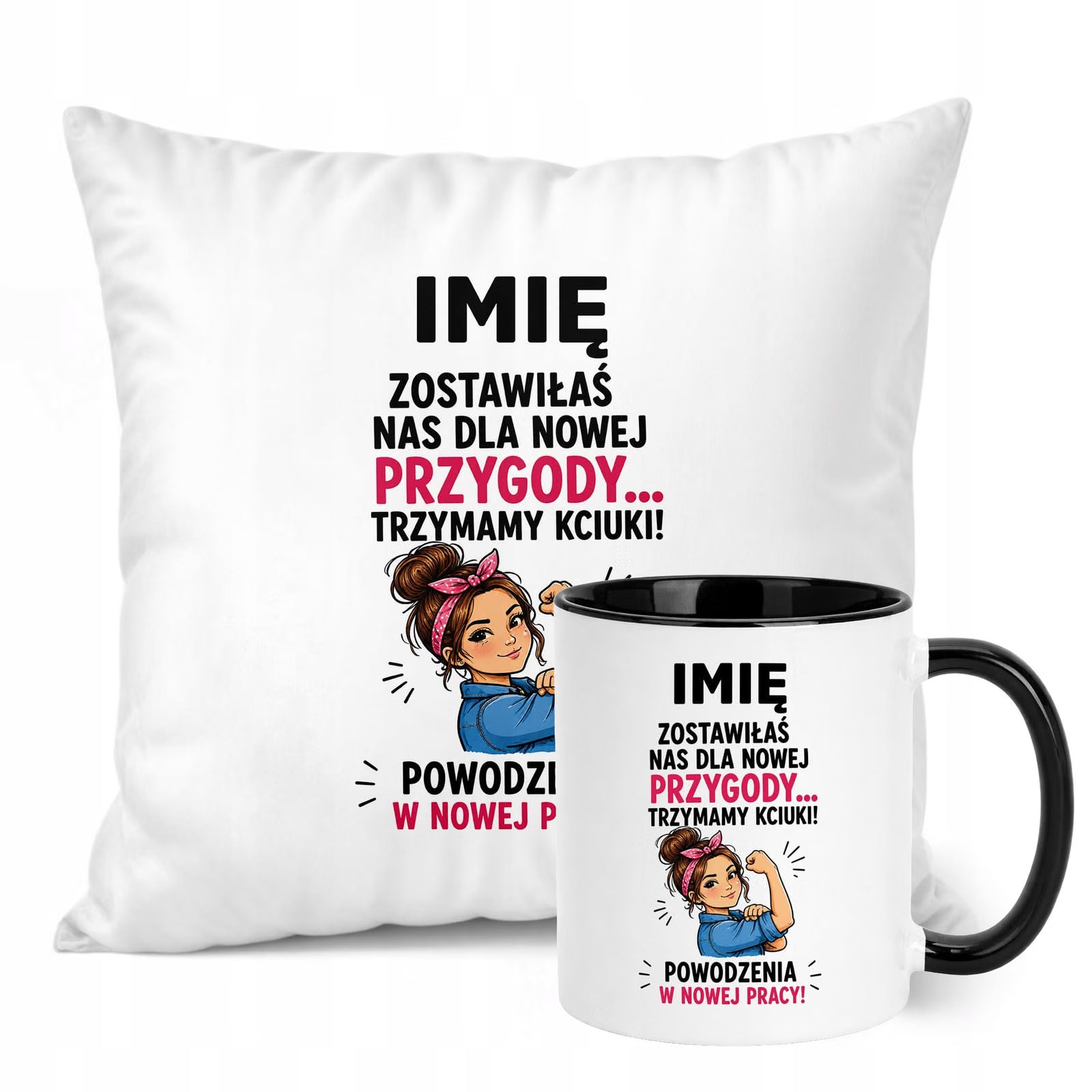 Zestaw Personalizowany Kubek Czarny Poduszka Odejście z Pracy Prezent