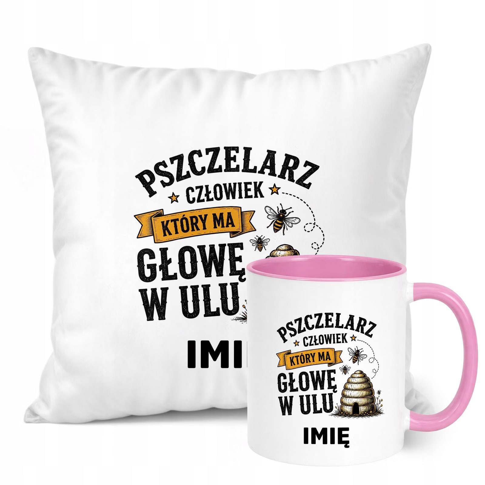 Zestaw Personalizowany Kubek Różowy Poduszka Z Nadrukiem Dla Pszczelarza