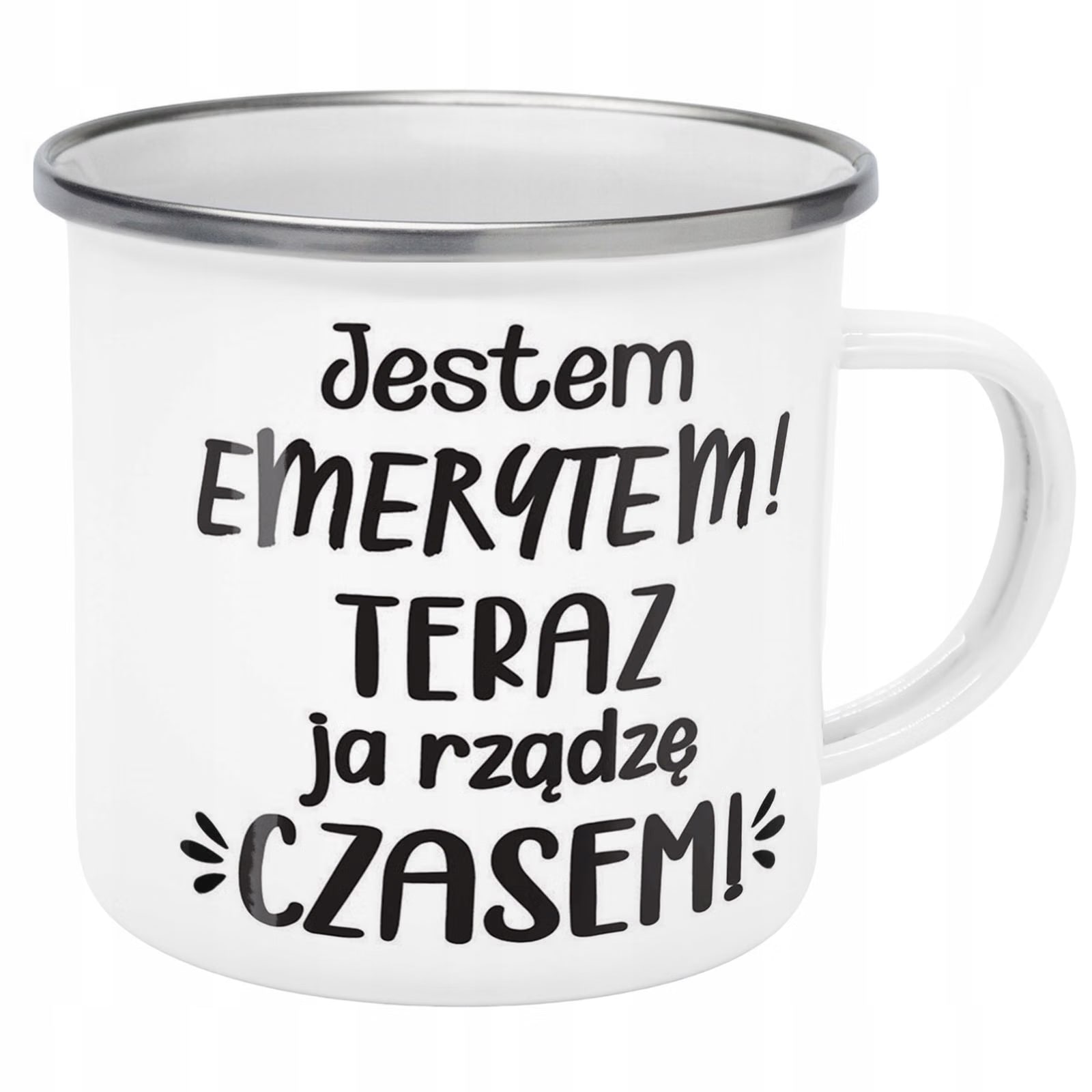 Kubek Emaliowany z okazji Emerytury Dla Emeryta z Nadrukiem Biały Metalowy