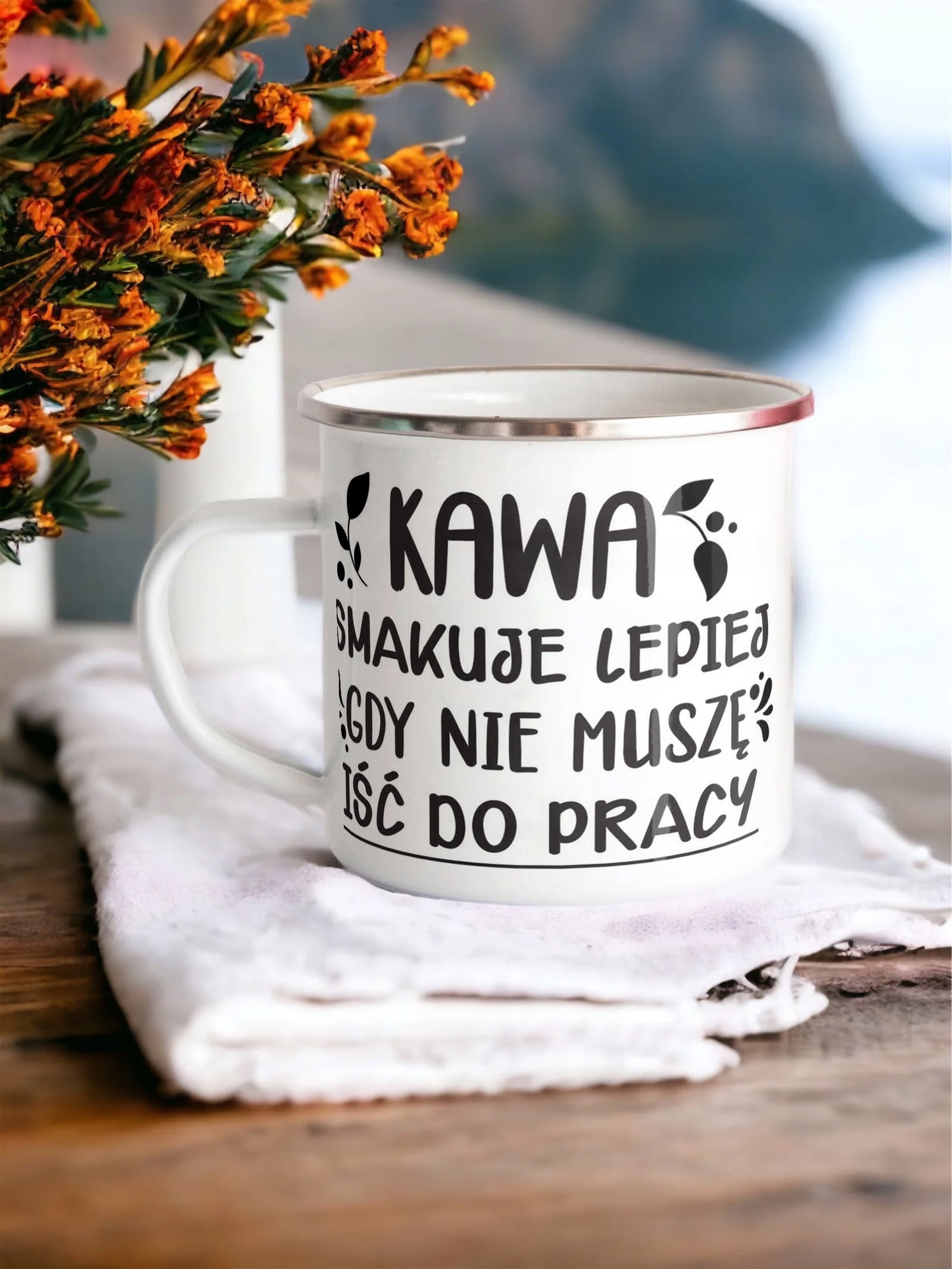 Kubek Emaliowany z okazji Emerytury Dla Emeryta z Nadrukiem Biały Metalowy