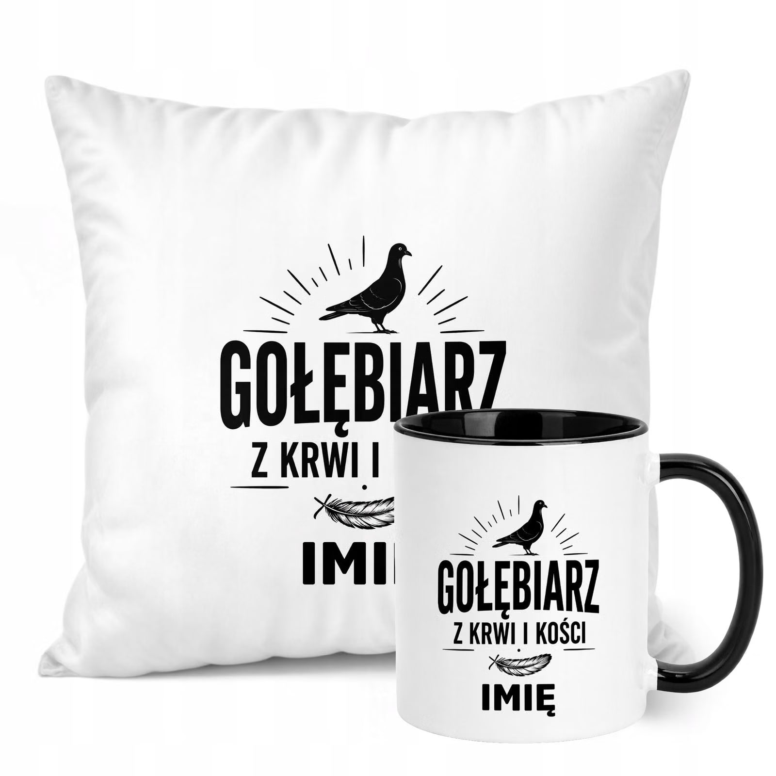 Zestaw Personalizowany Kubek Czarny Poduszka Z Nadrukiem Dla Gołębiarza
