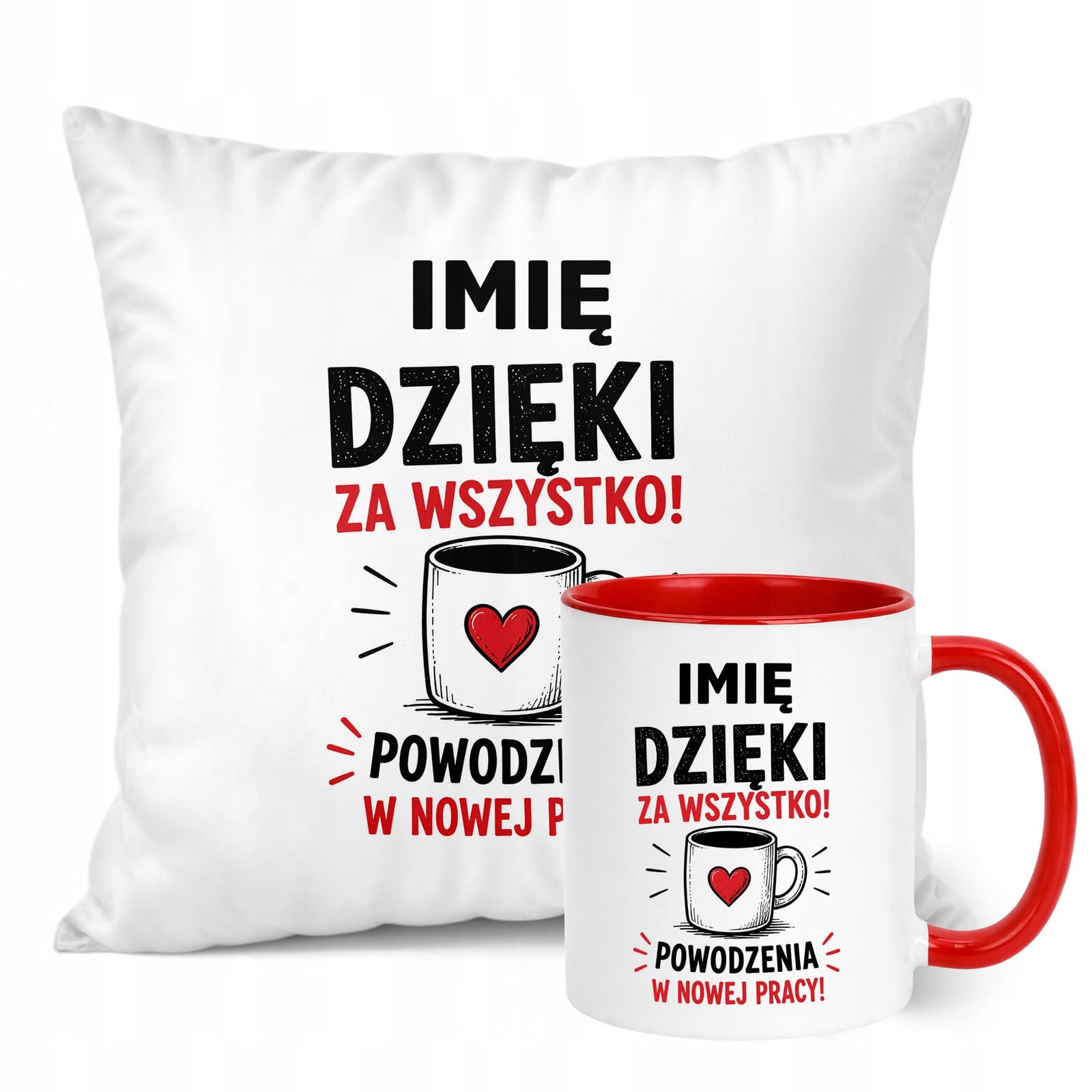 Zestaw Personalizowany Kubek Czerwony Poduszka Odejście z Pracy Prezent