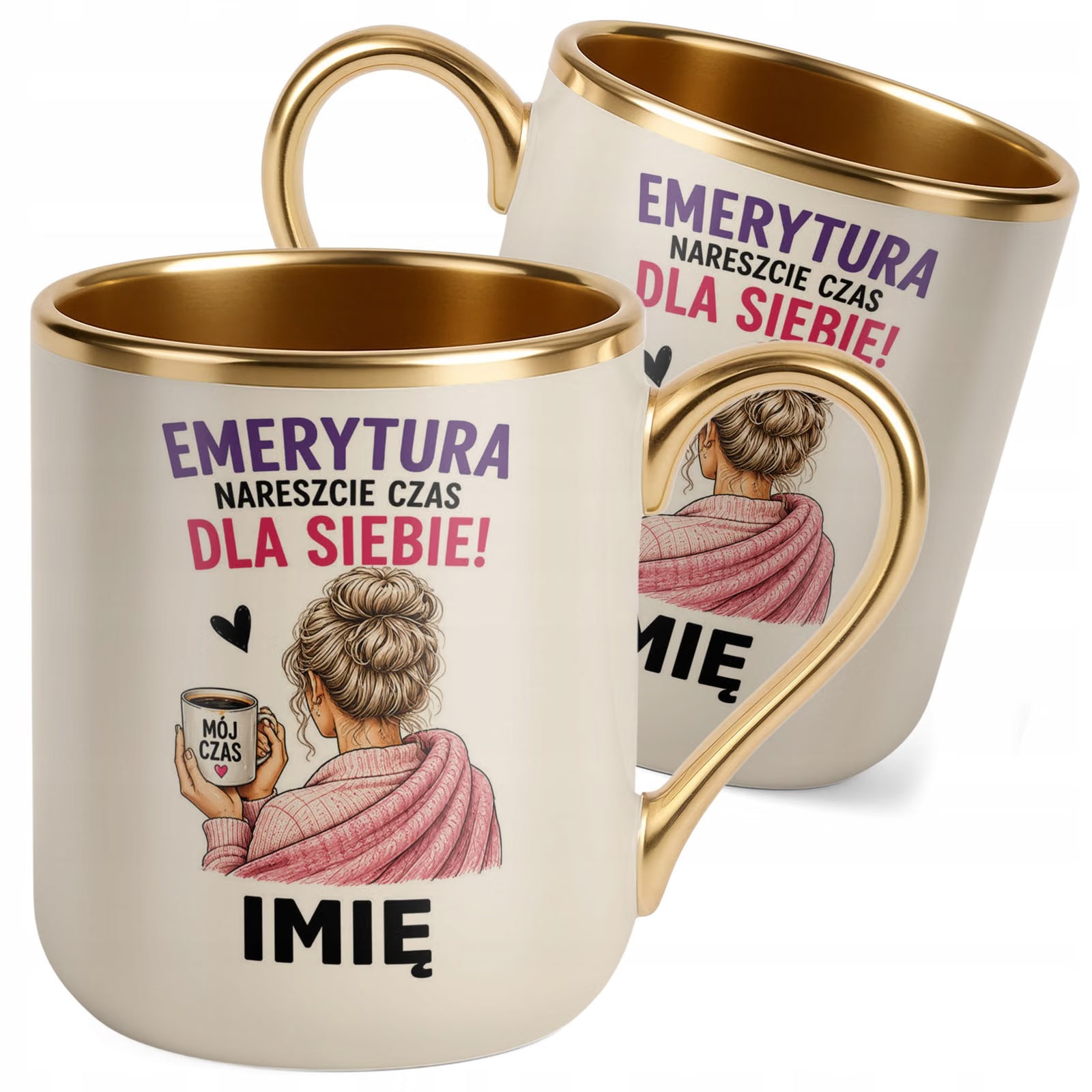 Kubek Personalizowany z nadrukiem Premium Złoty Ecru Emerytura Prezent