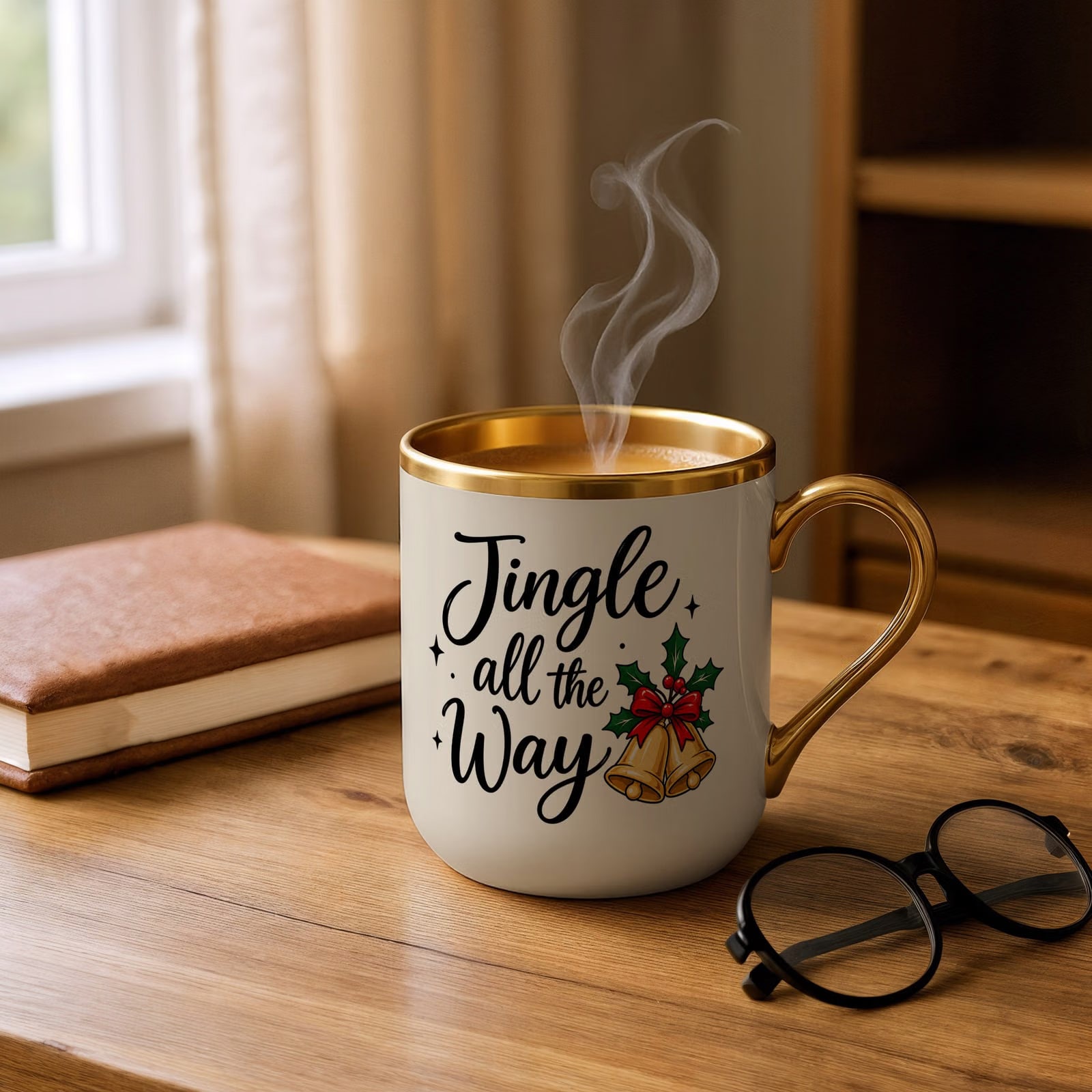 Kubek Premium Złoty Ecru Boże Narodzenie Święta Jingle All The Way Prezent