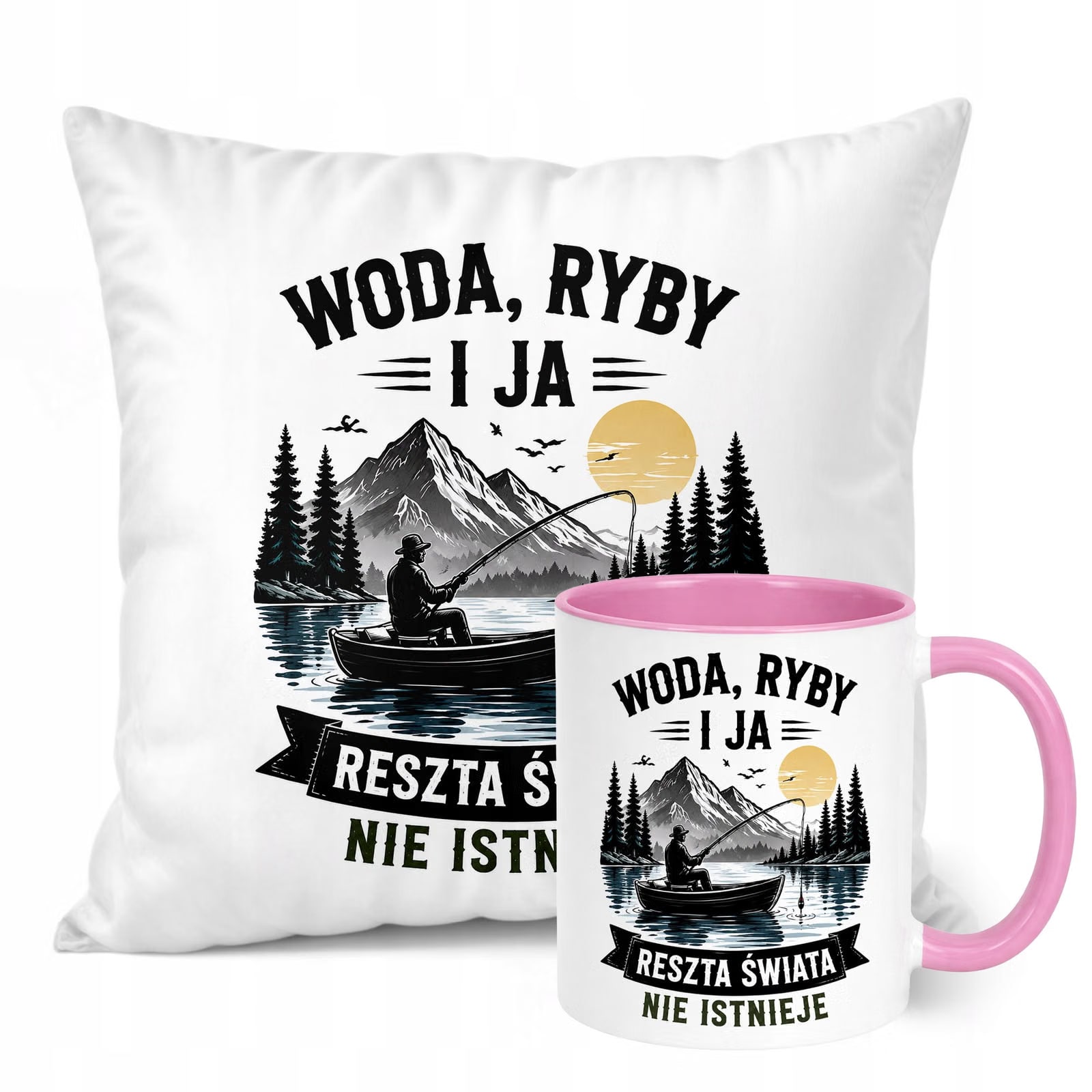Zestaw Kubek Różowy Poduszka Z Nadrukiem Dla Wędkarza Prezent