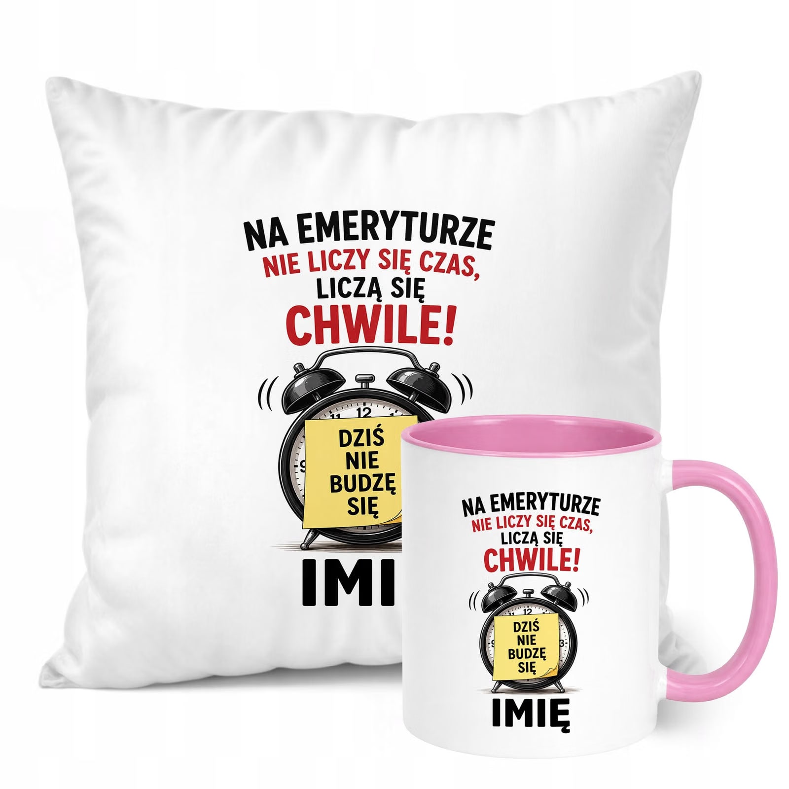 Zestaw Personalizowany Kubek Różowy Poduszka Emerytura Upominek Prezent