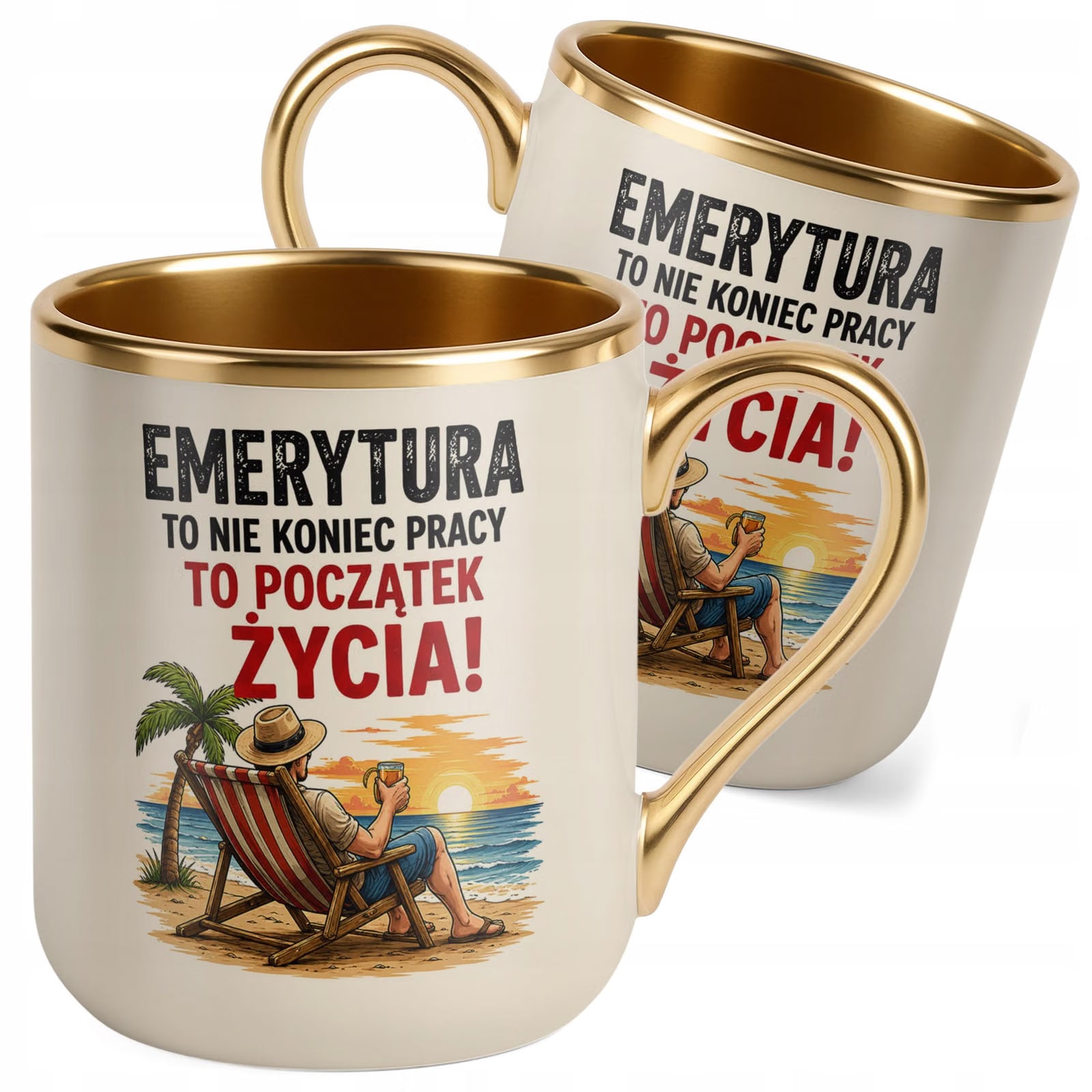 Kubek z nadrukiem Premium Złoty Ecru Emerytura Dla Emeryta Emerytki Prezent