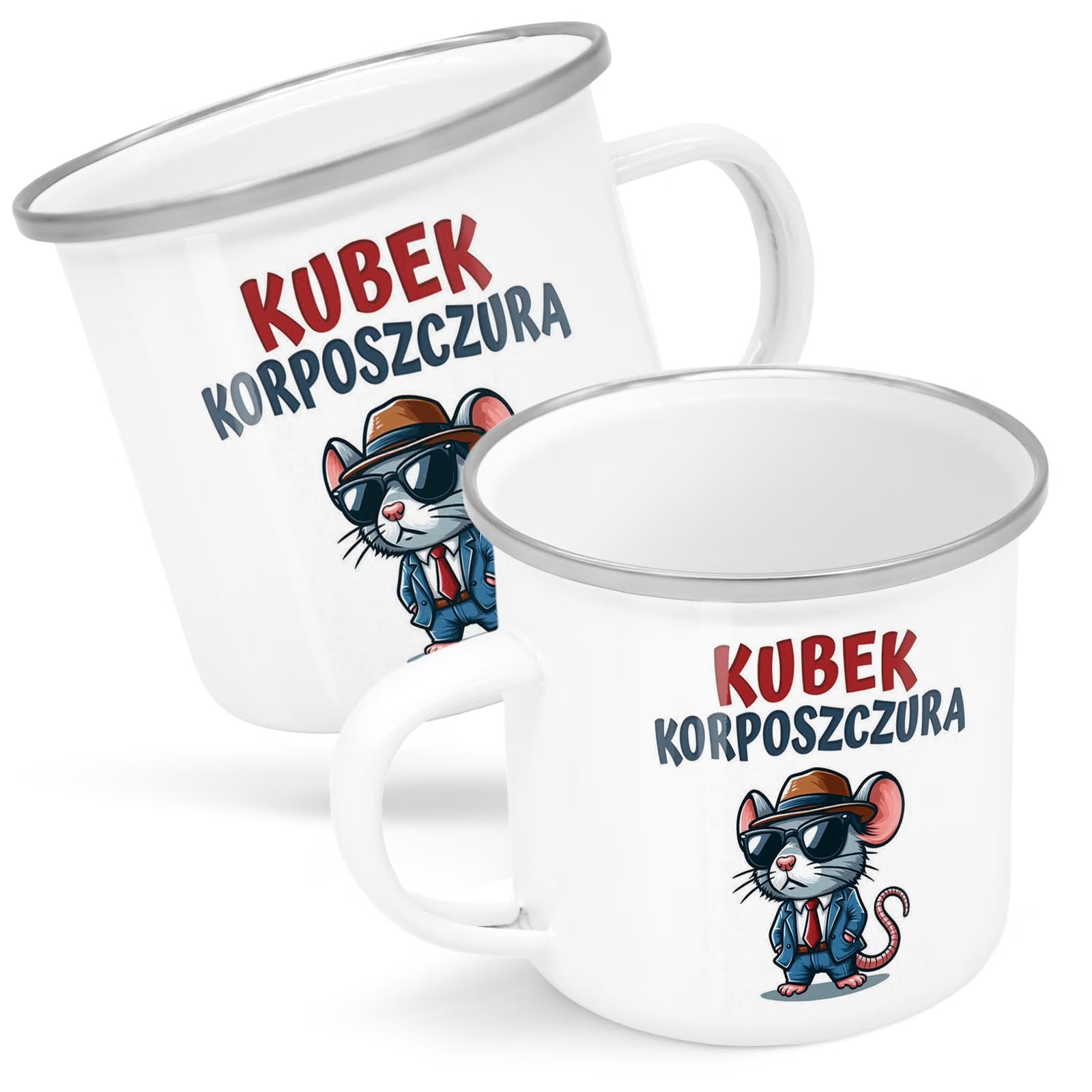 Kubek Emaliowany Korposzczura Praca Korporacja z Nadrukiem Biały Metalowy