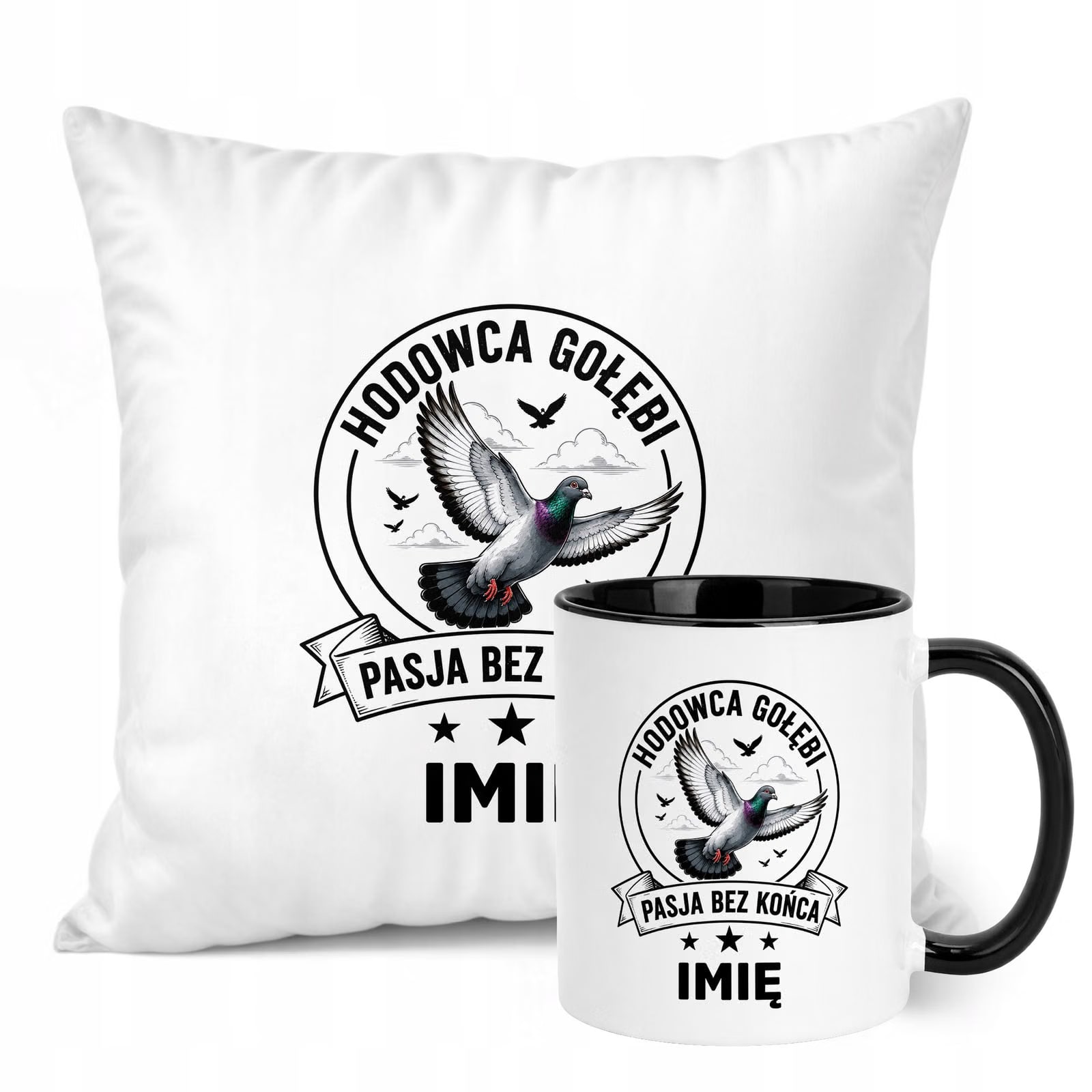 Zestaw Personalizowany Kubek Czarny Poduszka Z Nadrukiem Dla Gołębiarza
