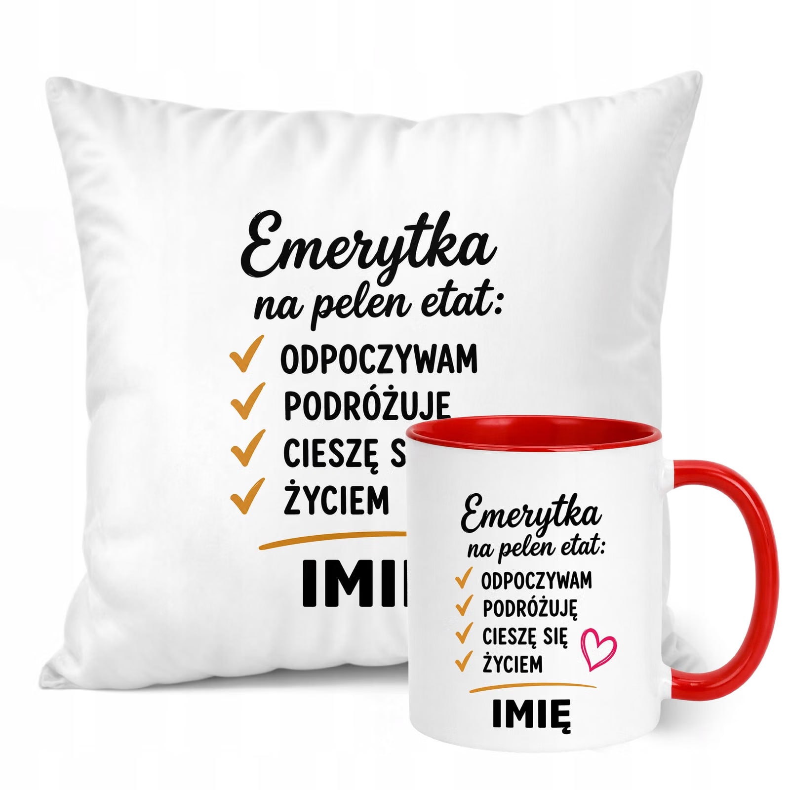 Zestaw Personalizowany Kubek Czerwony Poduszka Emerytura Upominek Prezent