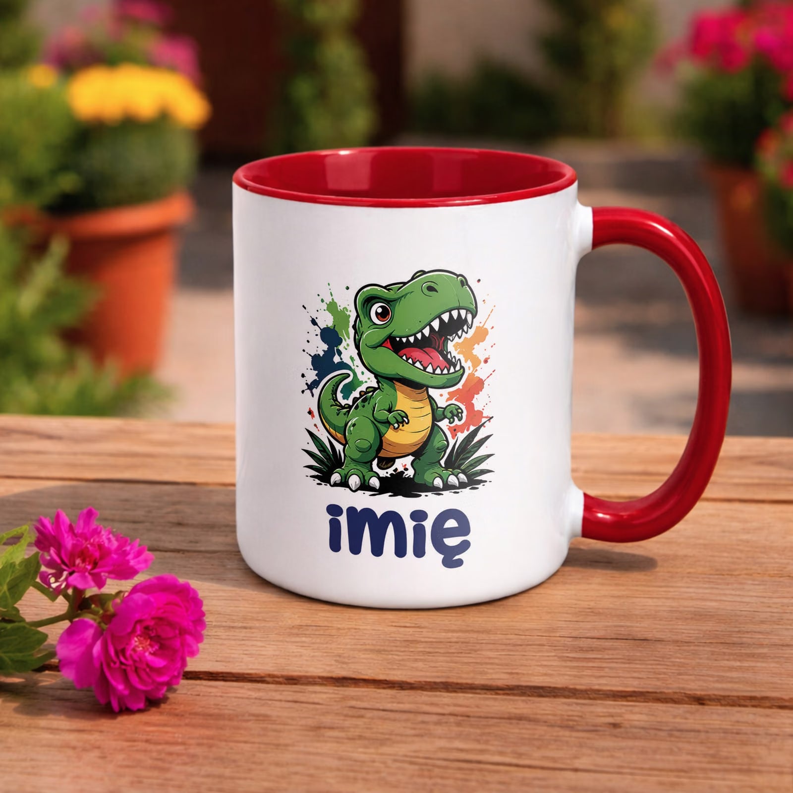Kubek Czerwony z nadrukiem personalizowany Dinozaur Dla Dzieci Prezent