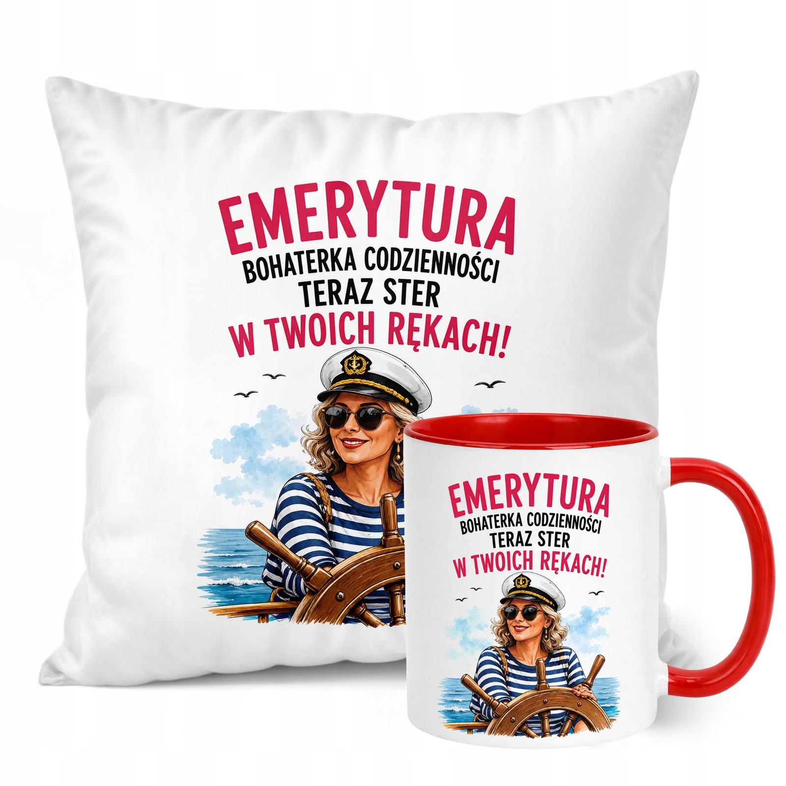 Zestaw Kubek Czerwony Poduszka Z Nadrukiem Emerytura Dla Emerytki Prezent