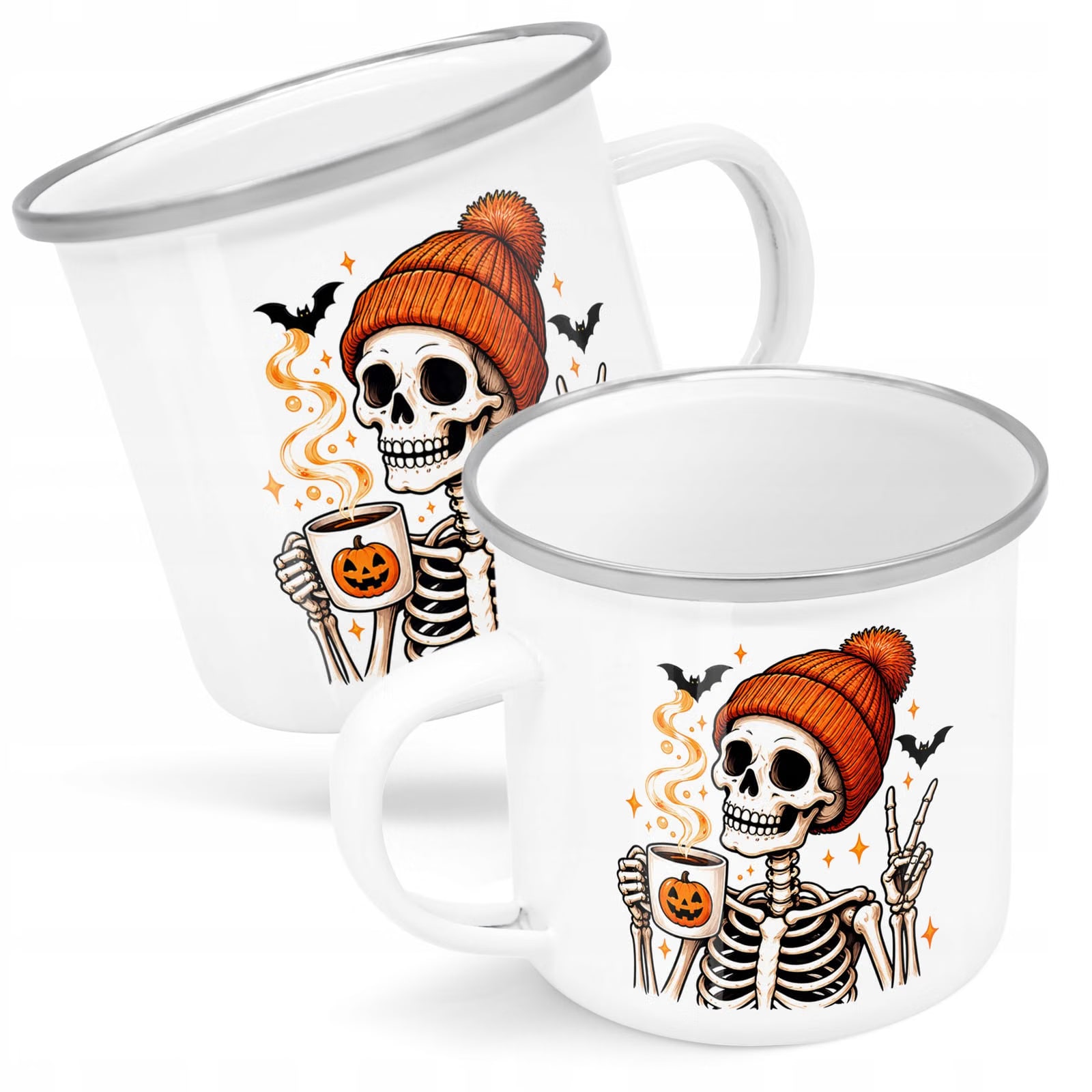 Kubek Emaliowany Halloween Szkielet z Nadrukiem Biały Metalowy Prezent
