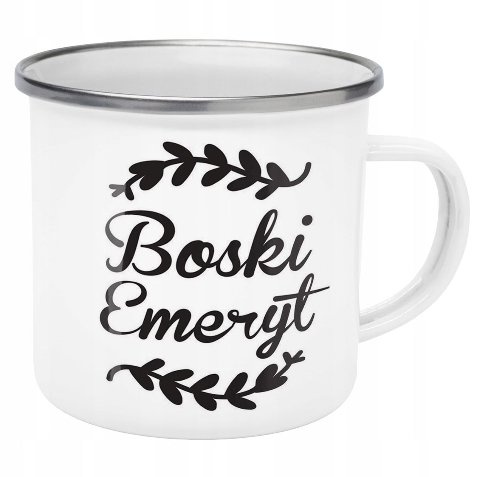 Kubek Emaliowany z okazji Emerytury Dla Emeryta z Nadrukiem Biały Metalowy
