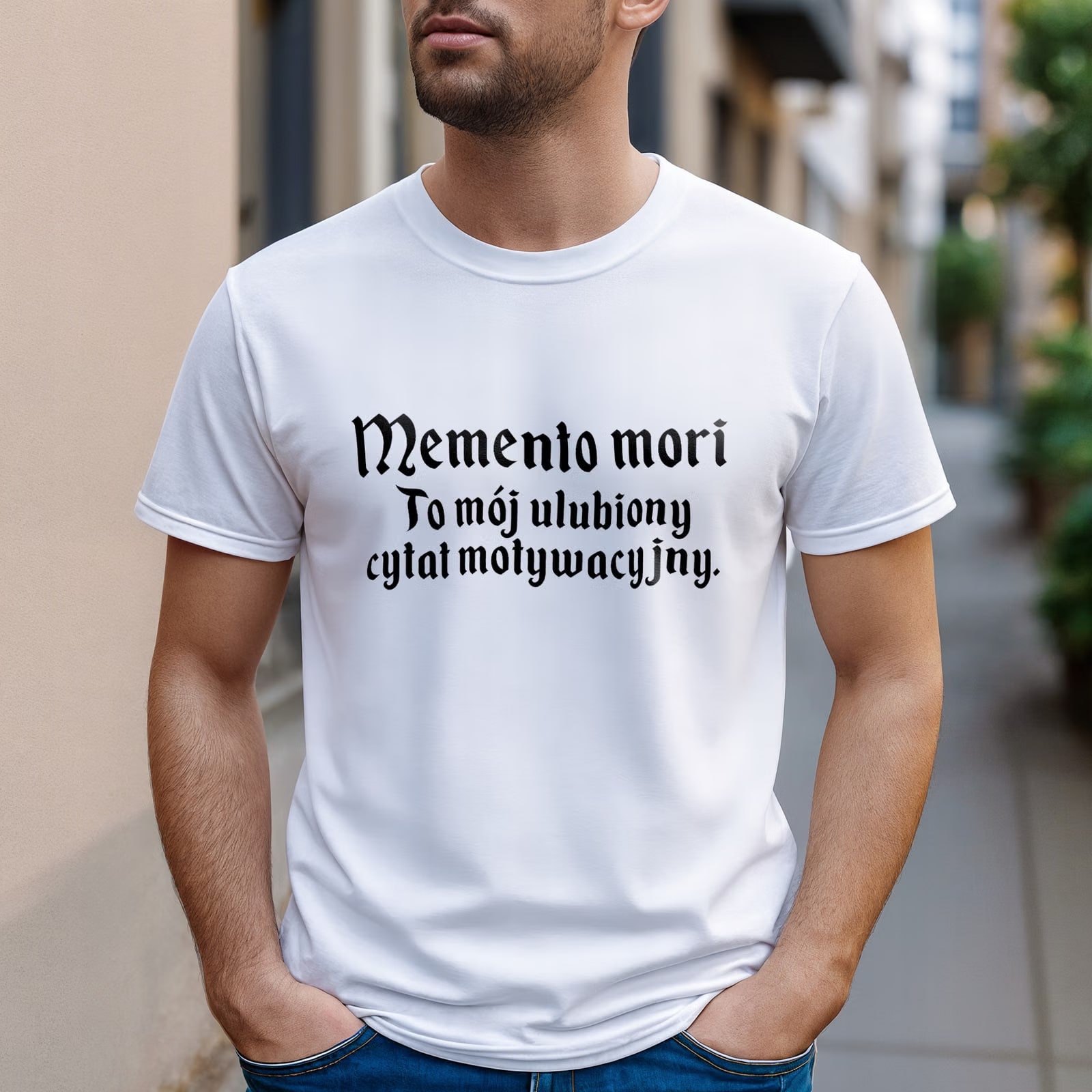 Koszulka biała męska 1670 Memento Mori Cytat Motywacyjny