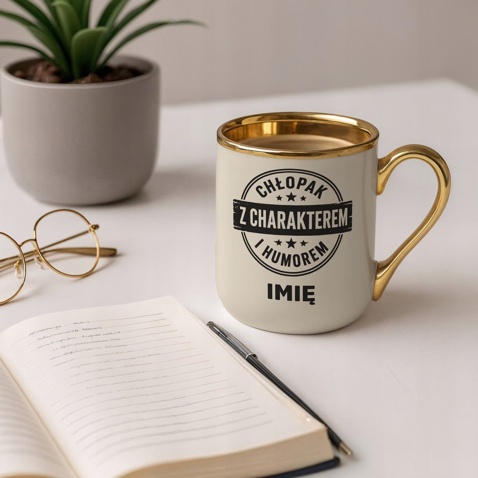 Kubek personalizowany z nadrukiem Premium Złoty Ecru Dzień Chłopaka
