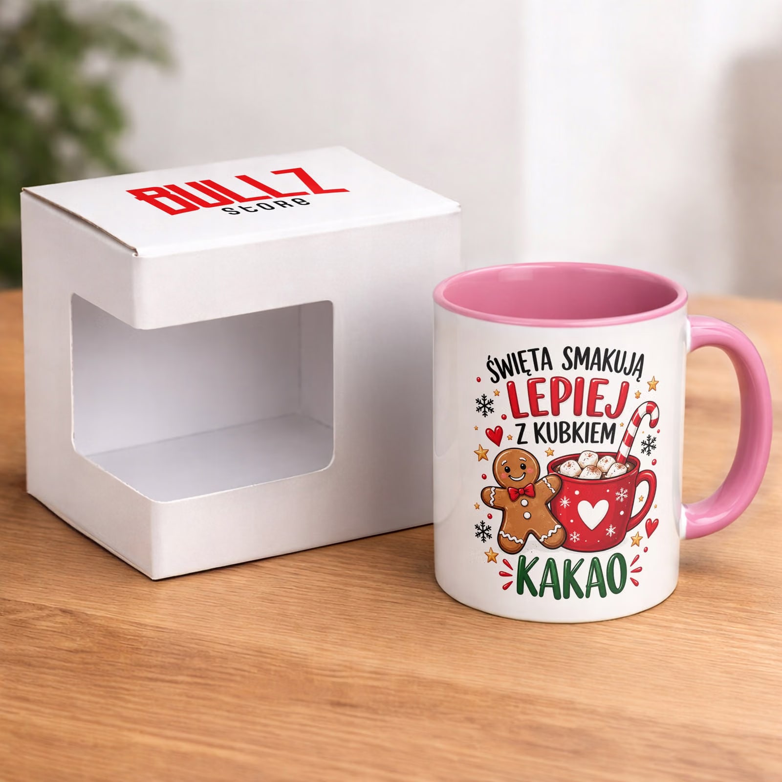 Kubek Różowy Boże Narodzenie Mikołajki Święta Kakao Piernik Prezent