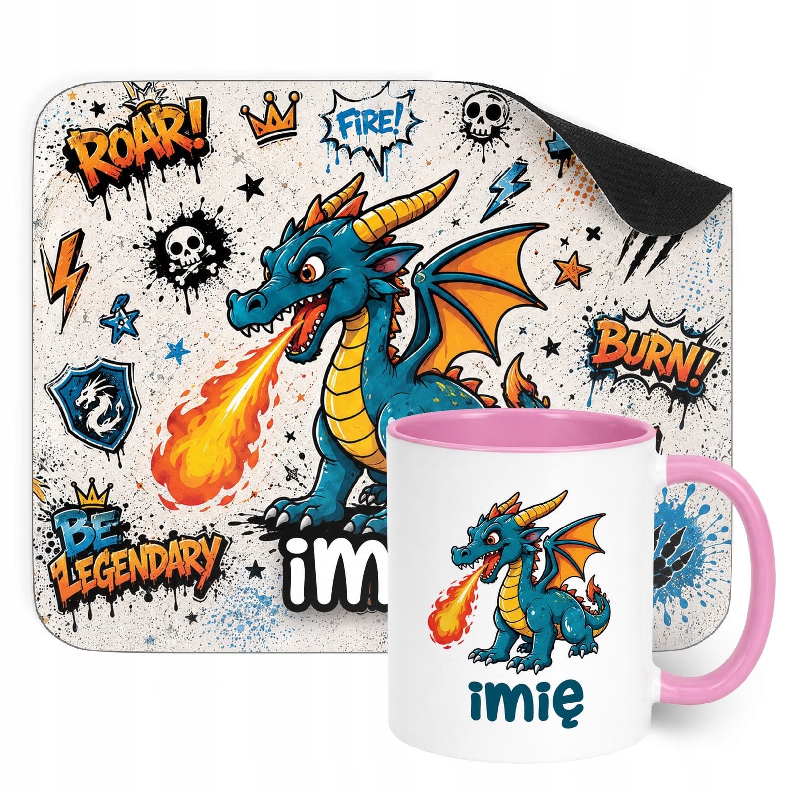 Zestaw personalizowany Kubek Różowy Podkładka pod mysz Smok