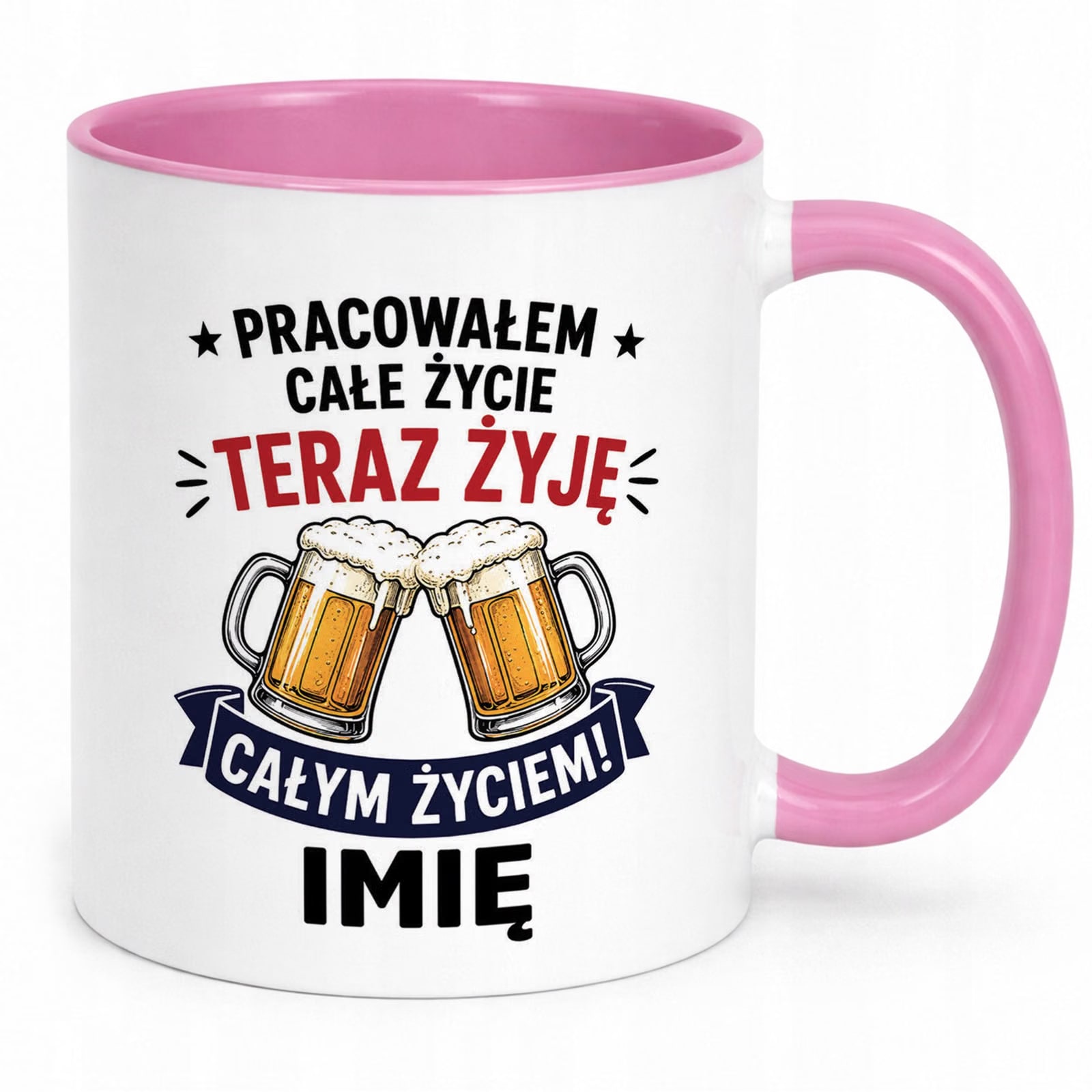 Kubek Różowy Personalizowany z Nadrukiem Emerytura Dla Emeryta Prezent
