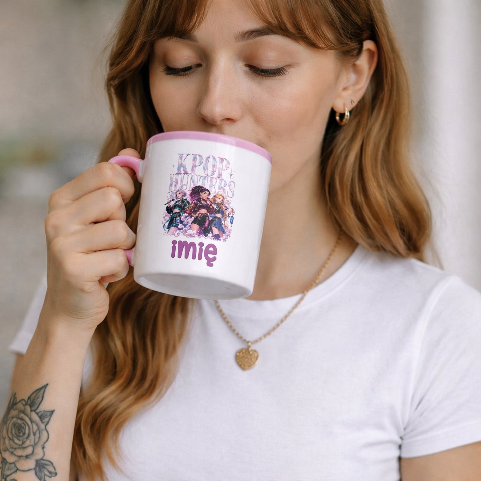 Zestaw Personalizowany Kubek Różowy Poduszka Łowczynie Kpop Prezent