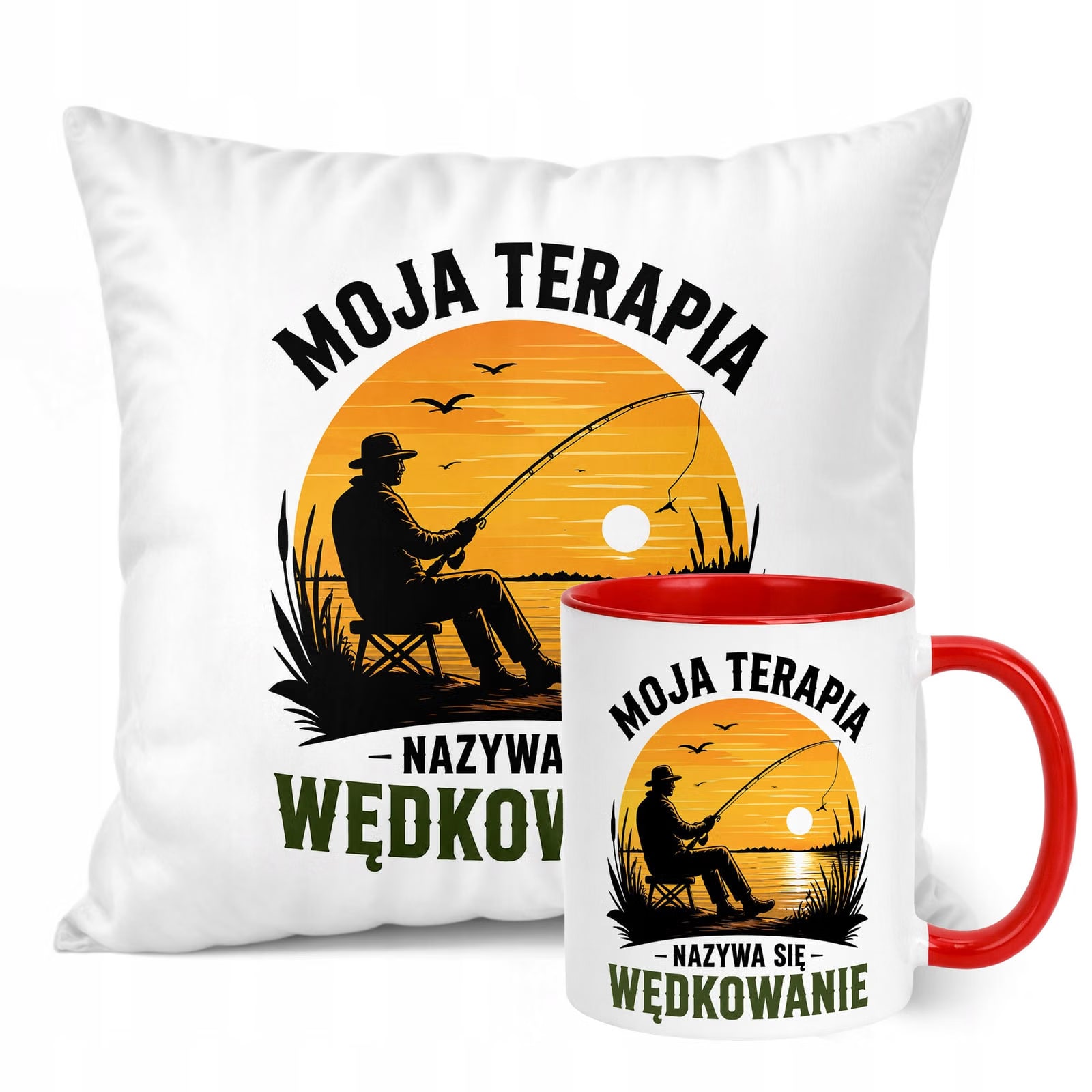 Zestaw Kubek Czerwony Poduszka Z Nadrukiem Dla Wędkarza Prezent