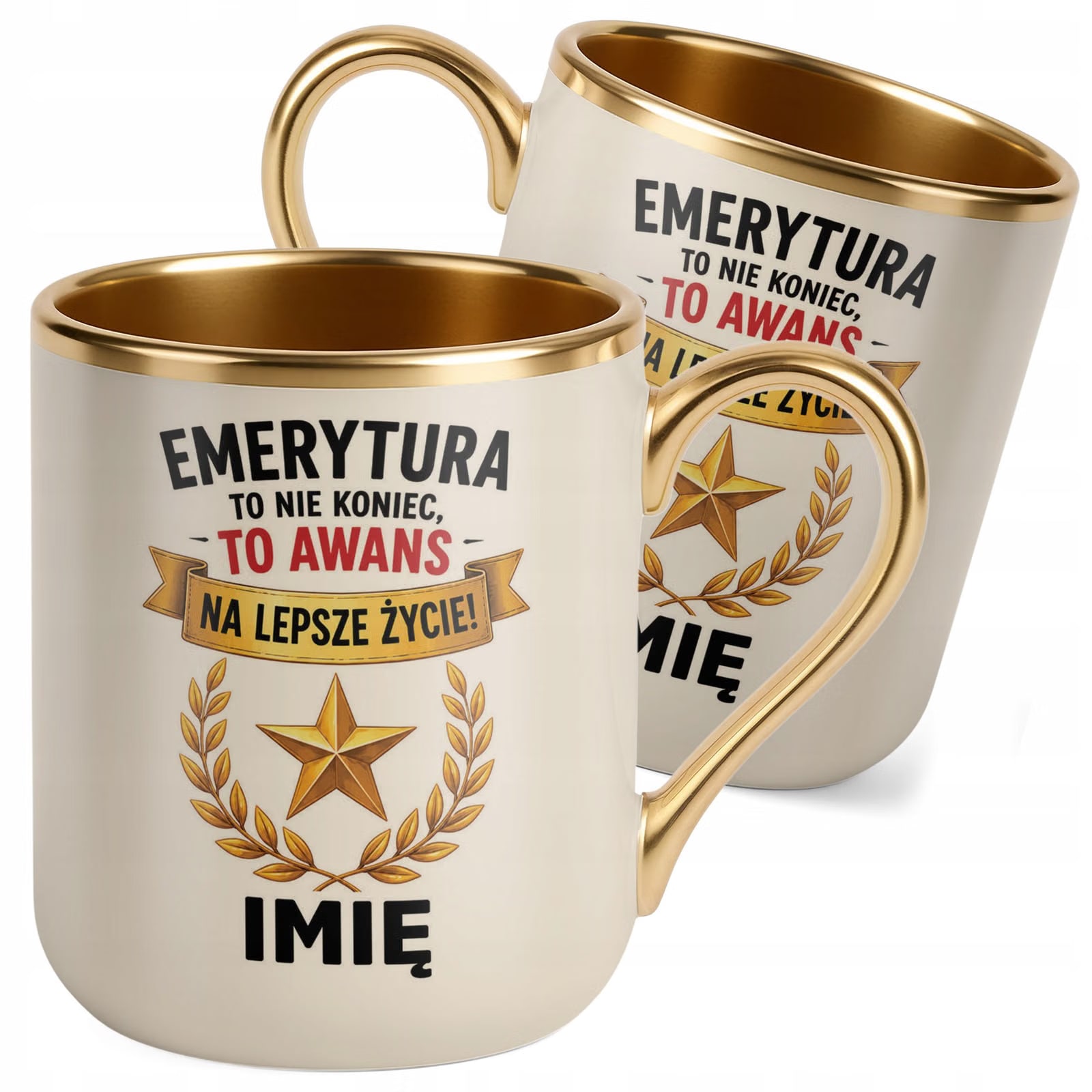 Kubek Personalizowany z nadrukiem Premium Złoty Ecru Emerytura Prezent