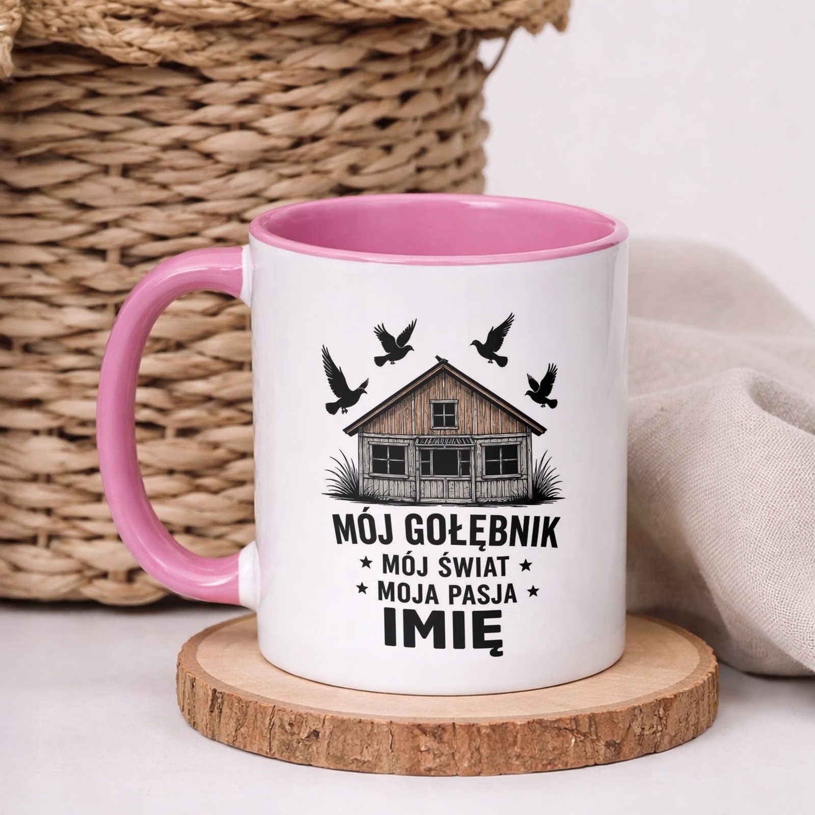Różowy Kubek Personalizowany z nadrukiem Dla Gołębiarza Upominek Prezent