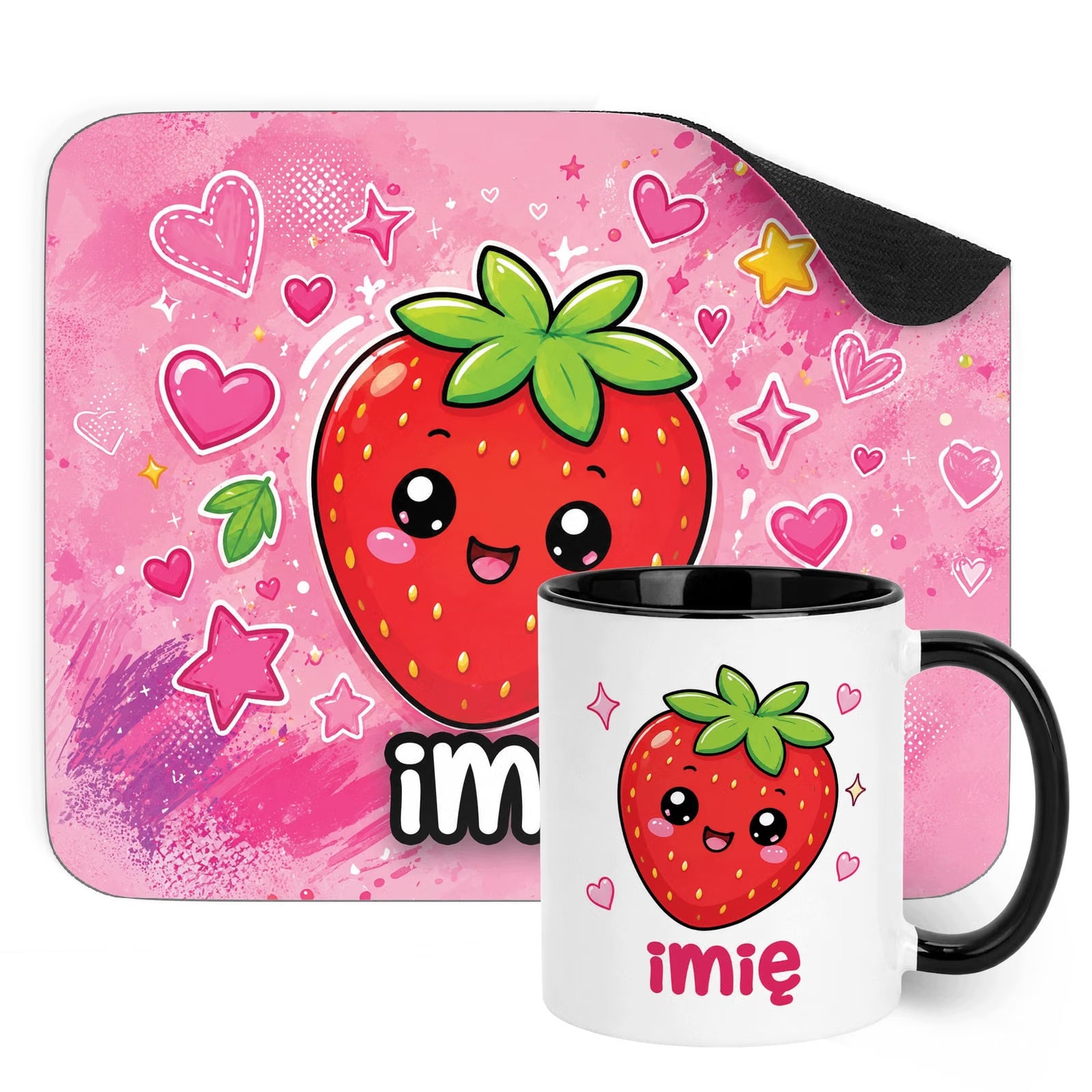 Zestaw personalizowany Kubek Czarny Podkładka pod mysz Kawaii Truskawka