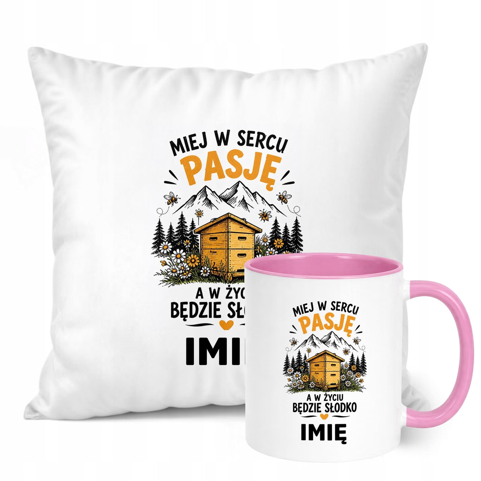 Zestaw Personalizowany Kubek Różowy Poduszka Z Nadrukiem Dla Pszczelarza