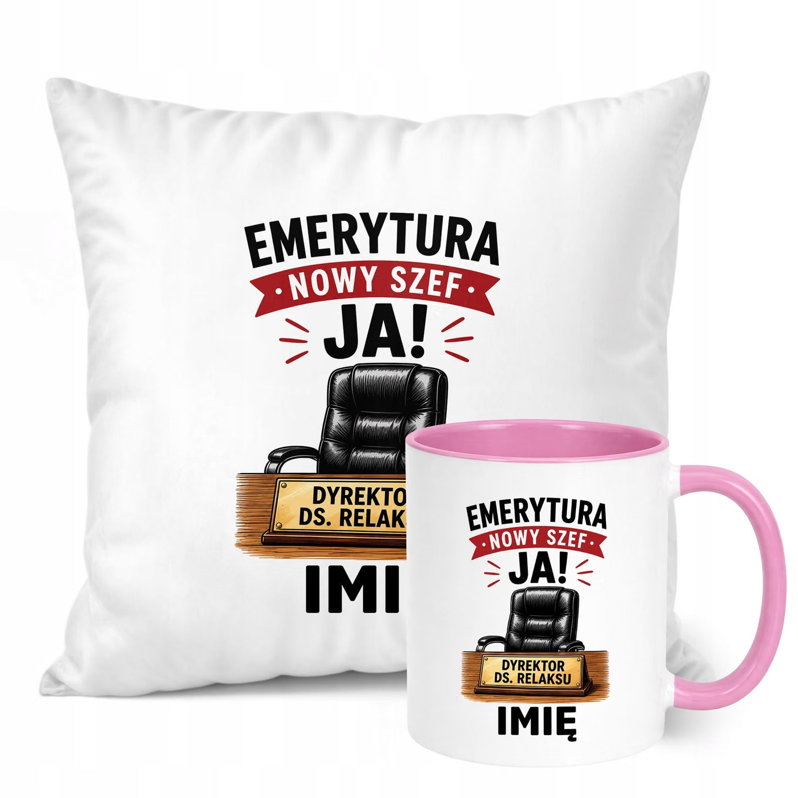 Zestaw Personalizowany Kubek Różowy Poduszka Emerytura Upominek Prezent