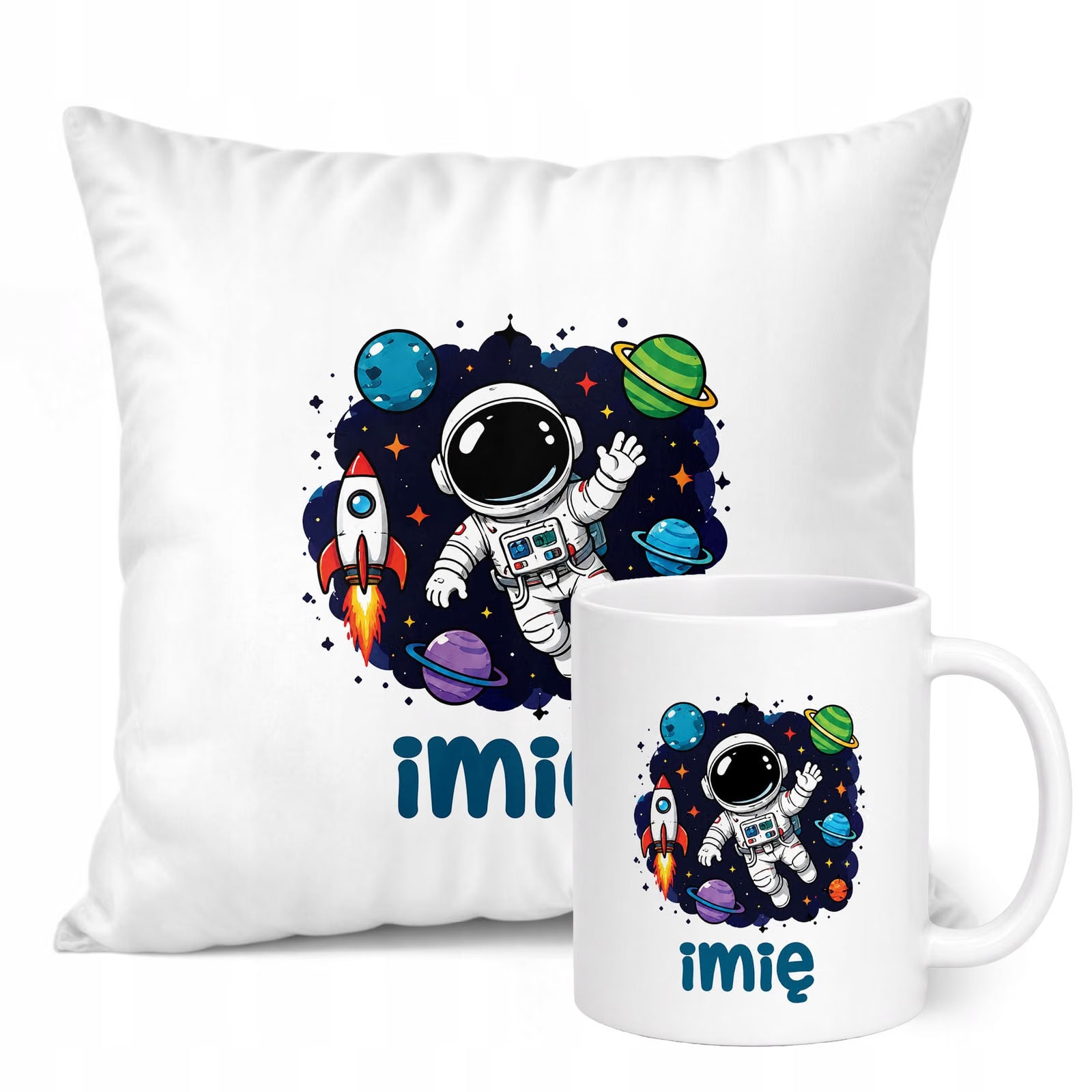 Zestaw Personalizowany Kubek Biały Poduszka Astronauta Prezent