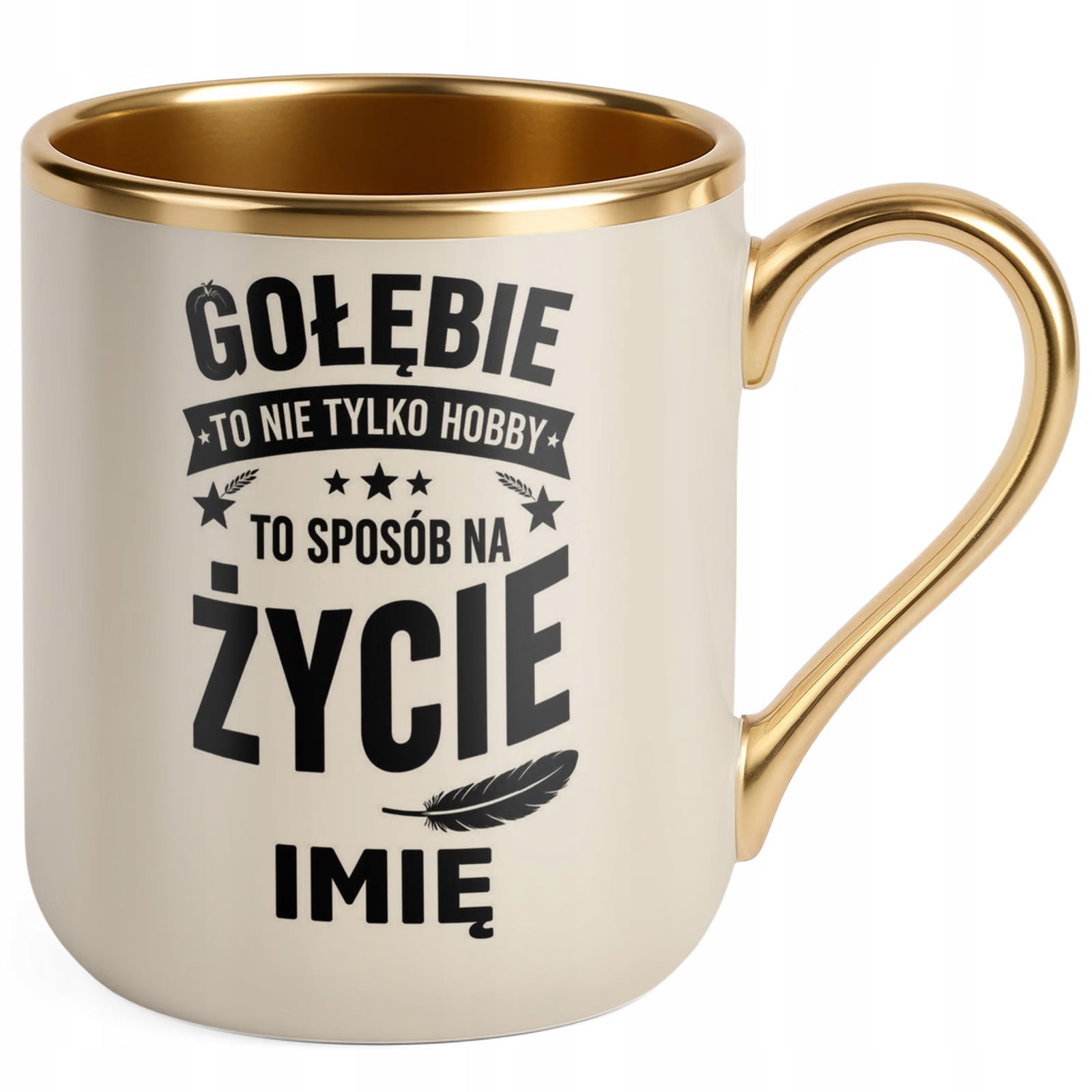 Kubek Personalizowany z nadrukiem Premium Złoty Ecru Dla Gołębiarza Prezent