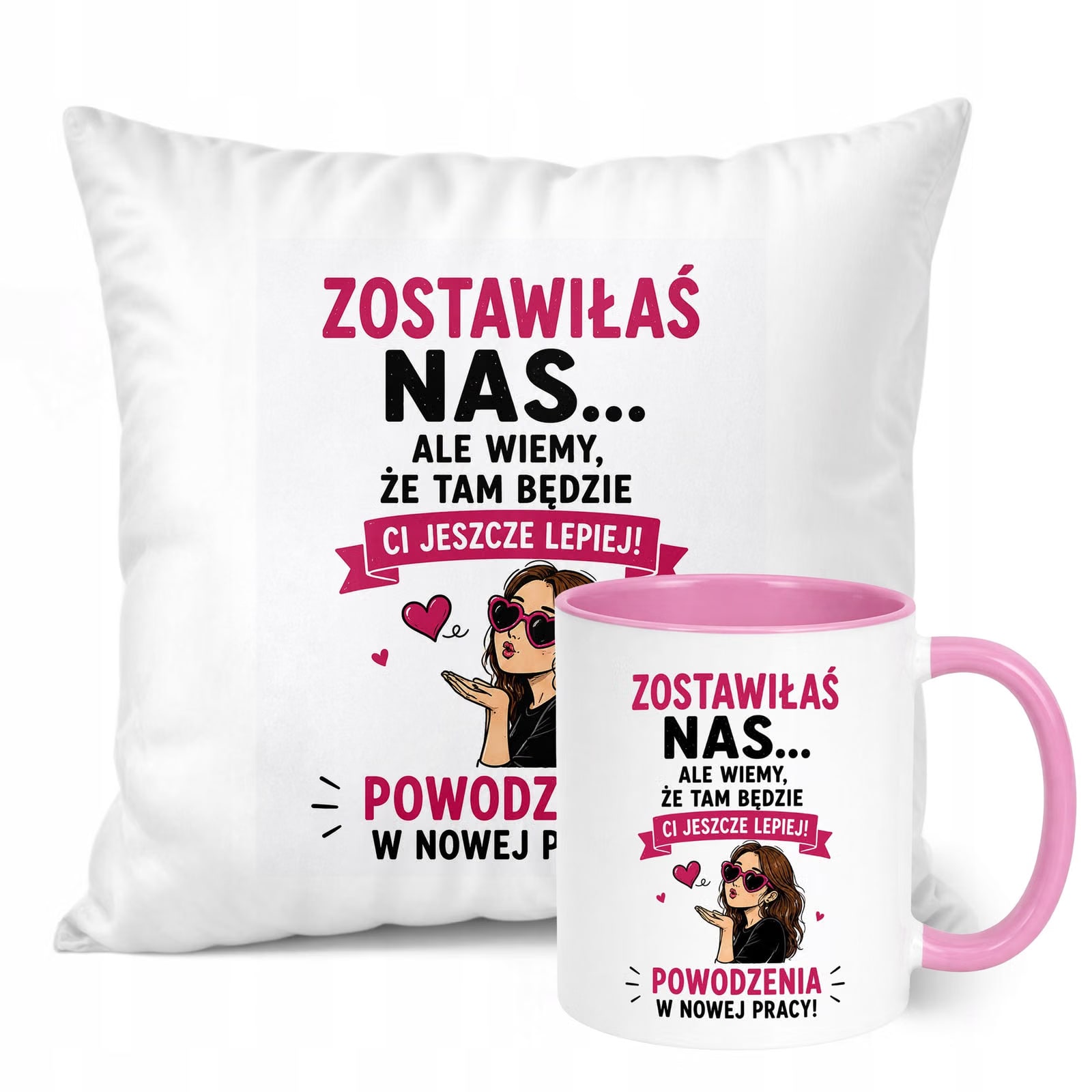 Zestaw Kubek Różowy Poduszka Z Nadrukiem Odejście z Pracy Prezent