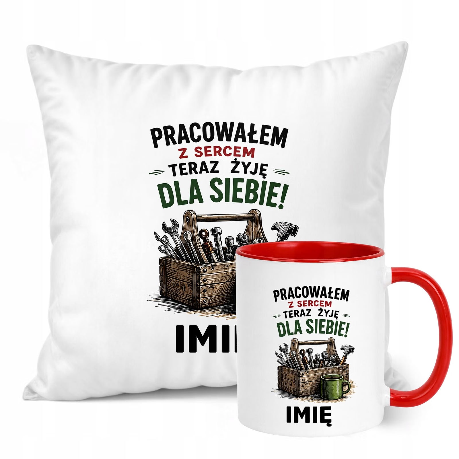 Zestaw Personalizowany Kubek Czerwony Poduszka Emerytura Upominek Prezent