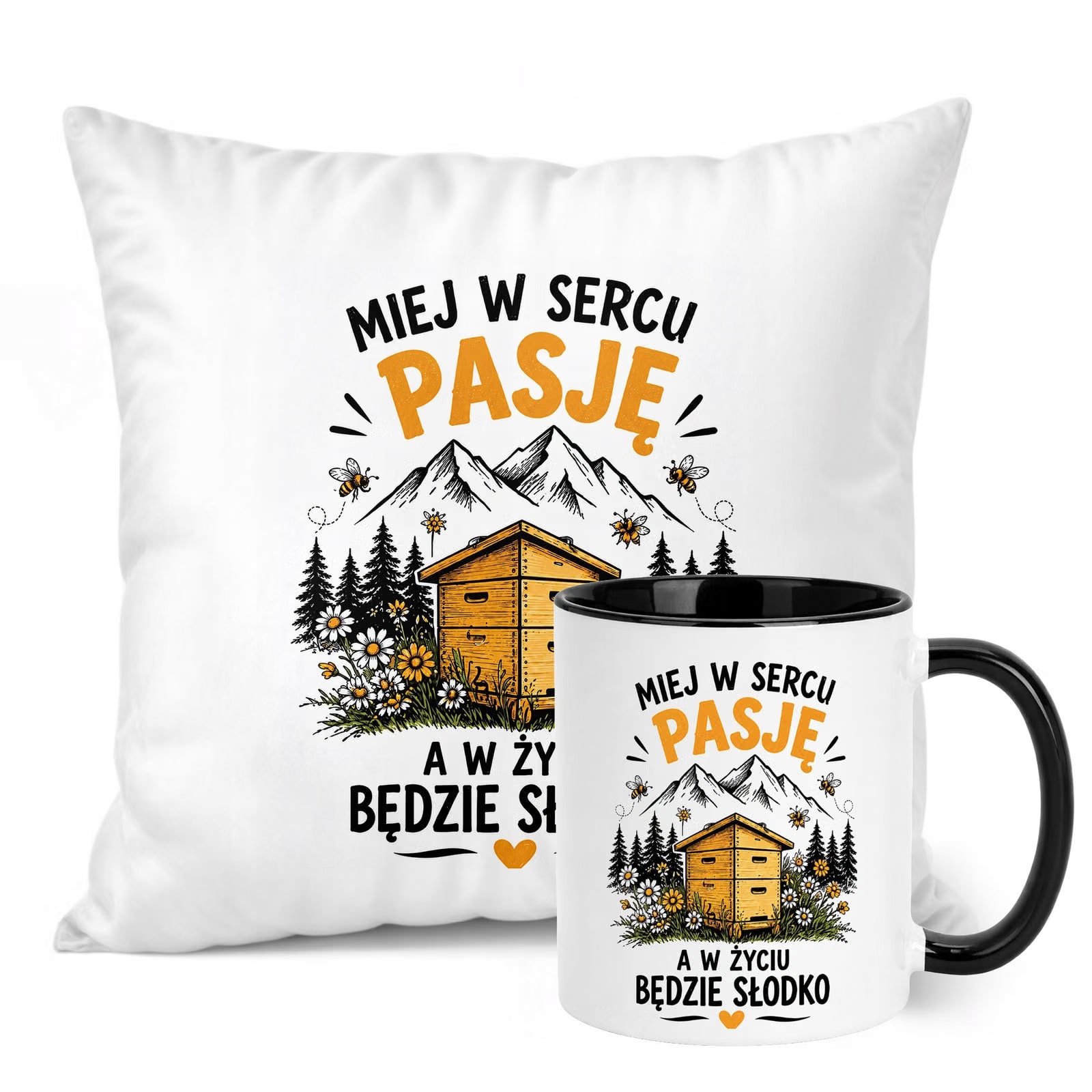 Zestaw Kubek Czarny Poduszka Z Nadrukiem Dla Pszczelarza Prezent
