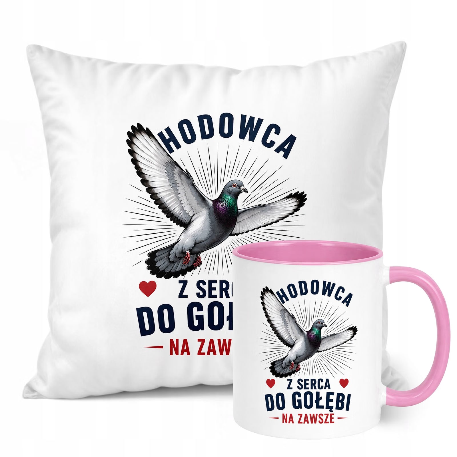 Zestaw Kubek Różowy Poduszka Z Nadrukiem Dla Gołębiarza Prezent
