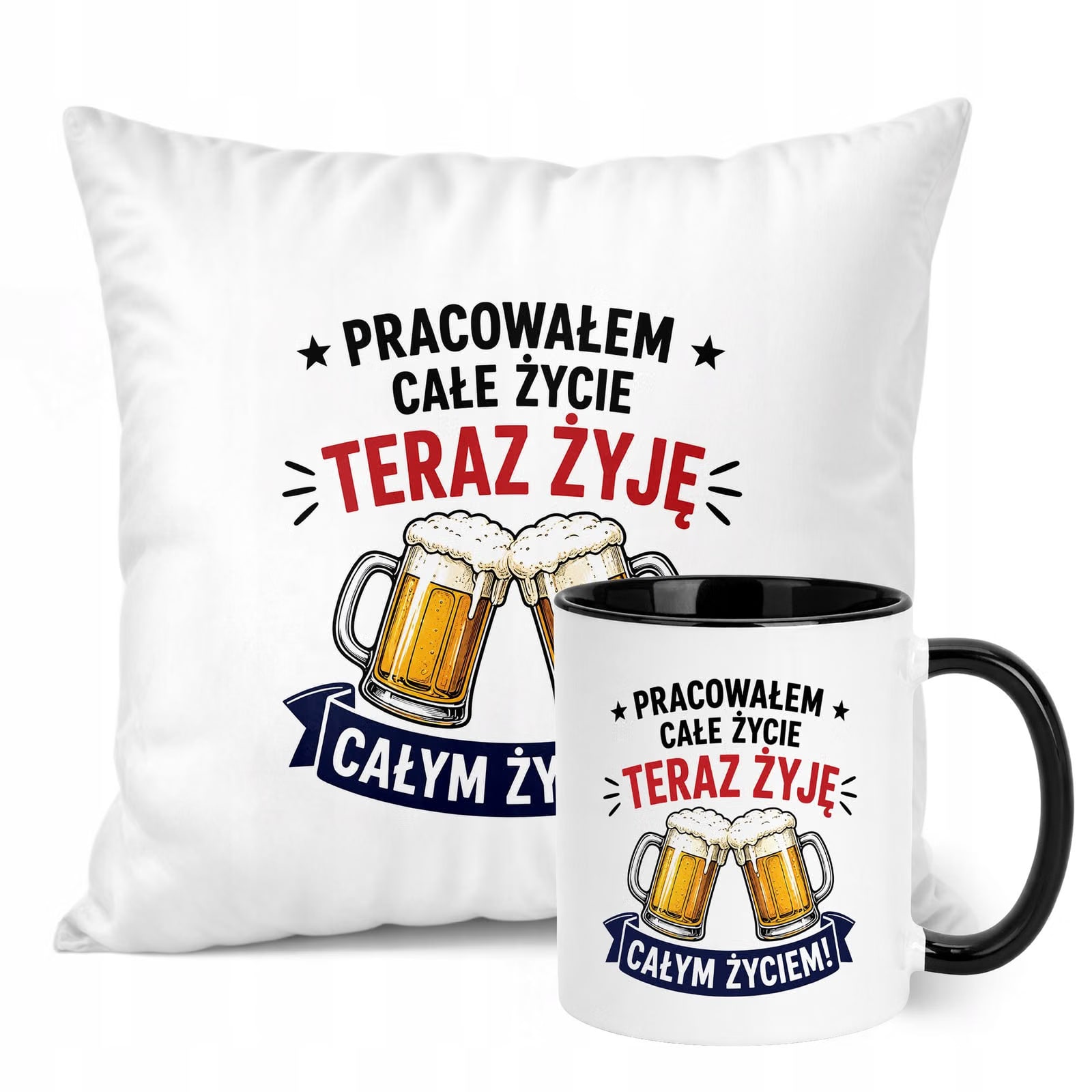 Zestaw Kubek Czarny Poduszka Z Nadrukiem Emerytura Dla Emeryta Prezent