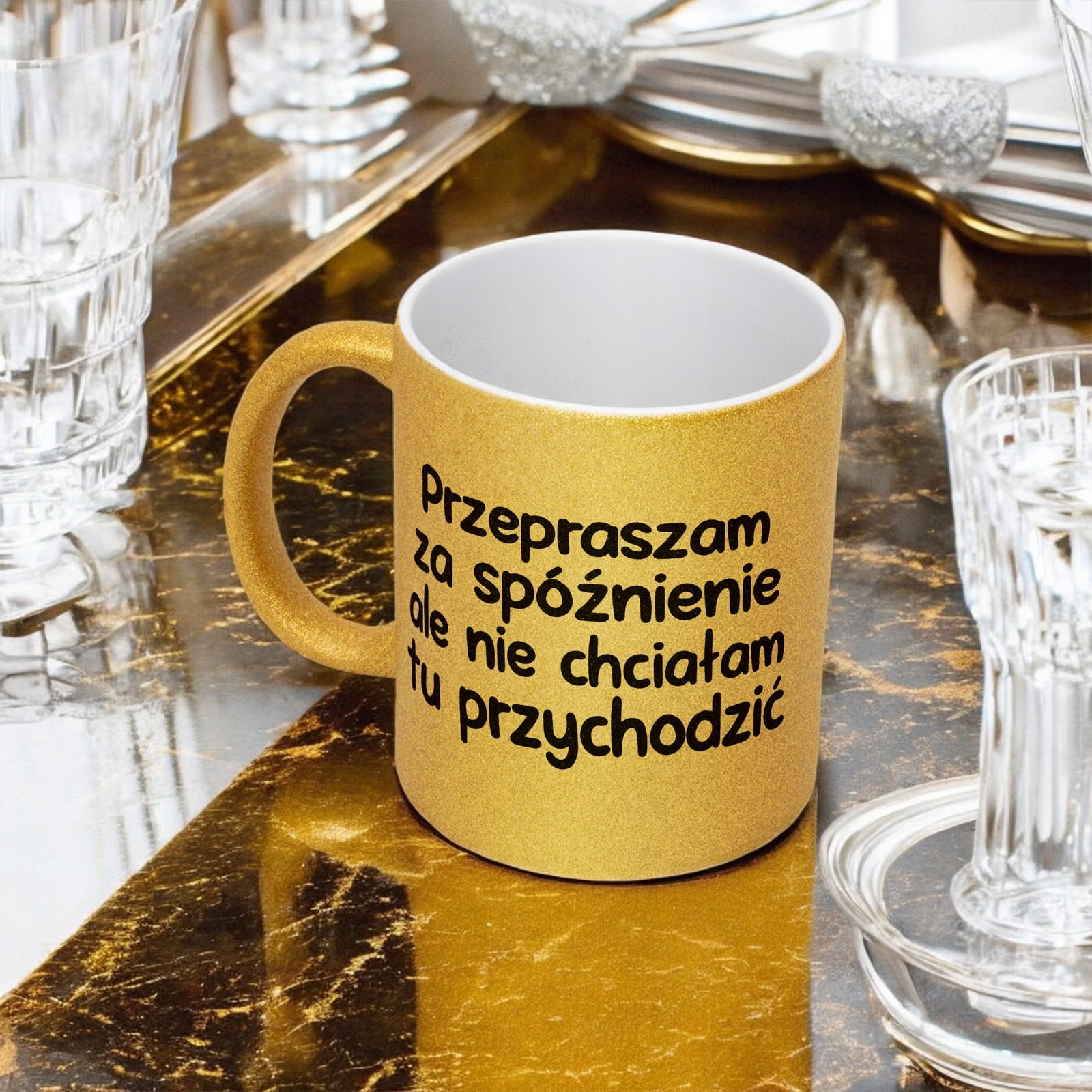 Złoty Kubek Brokatowy Przepraszam Za Spóźnienie Zabawny Prezent