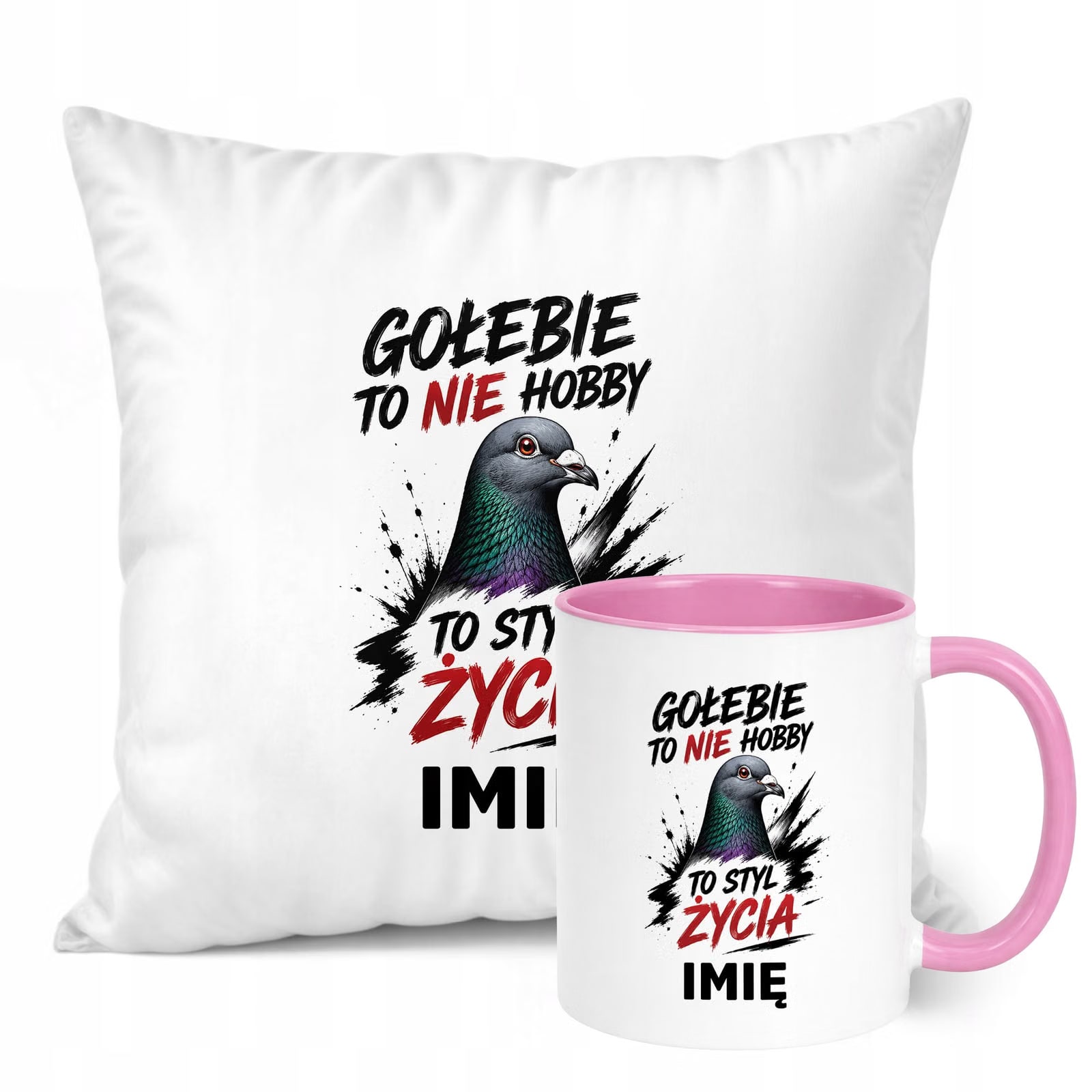 Zestaw Personalizowany Kubek Różowy Poduszka Z Nadrukiem Dla Gołębiarza
