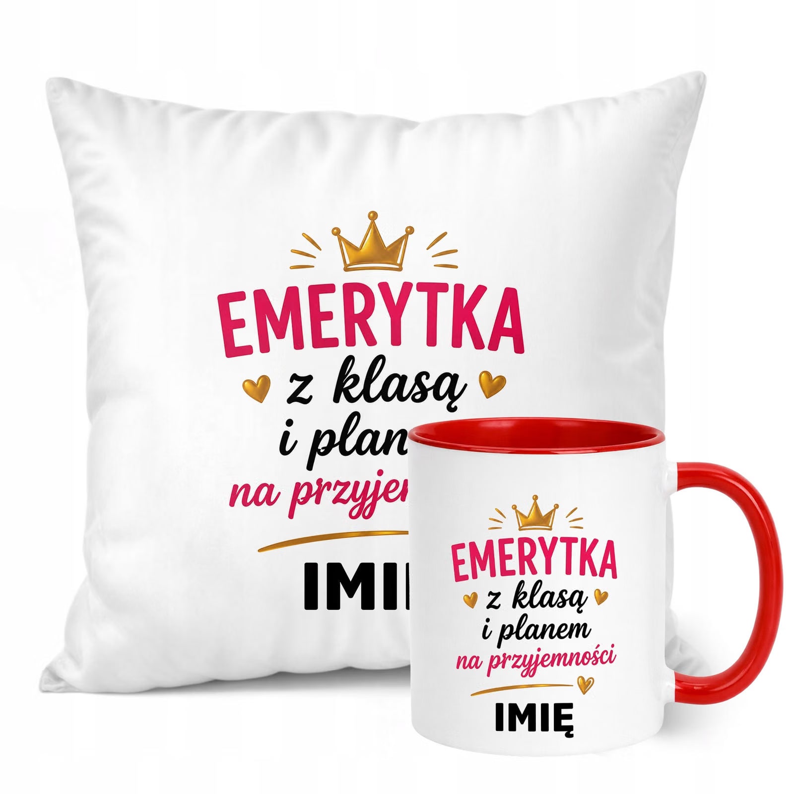 Zestaw Personalizowany Kubek Czerwony Poduszka Emerytura Upominek Prezent
