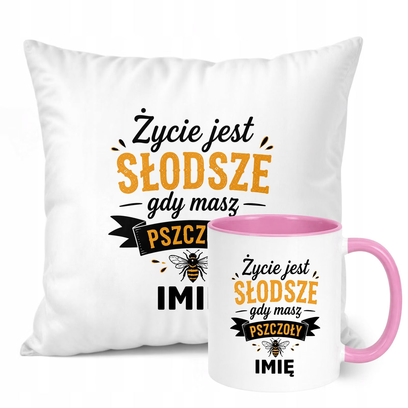 Zestaw Personalizowany Kubek Różowy Poduszka Z Nadrukiem Dla Pszczelarza