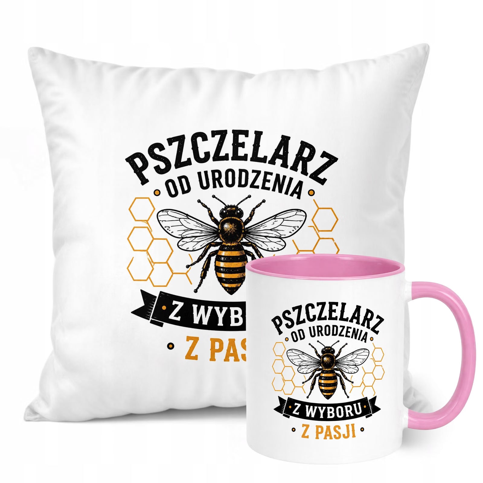 Zestaw Kubek Różowy Poduszka Z Nadrukiem Dla Pszczelarza Prezent