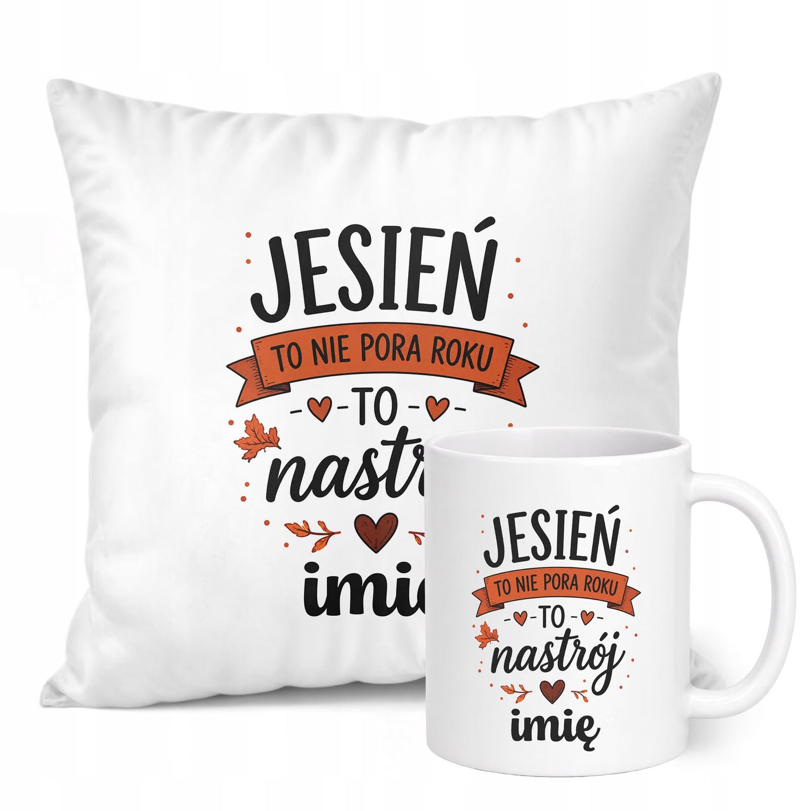Zestaw Personalizowany Kubek Biały Poduszka Jesień Jesienny Z Nadrukiem