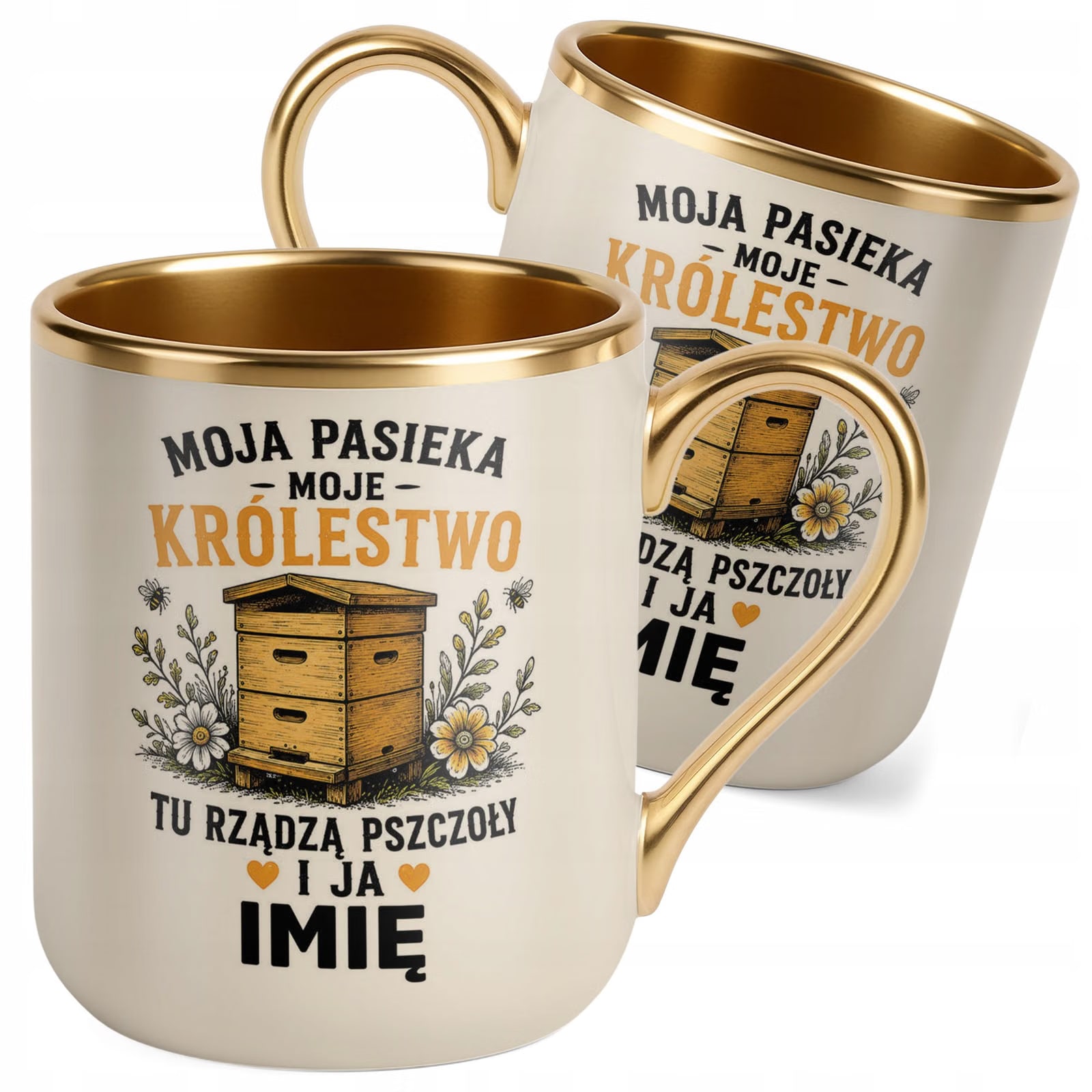 Kubek Personalizowany z nadrukiem Premium Złoty Ecru Dla Pszczelarza