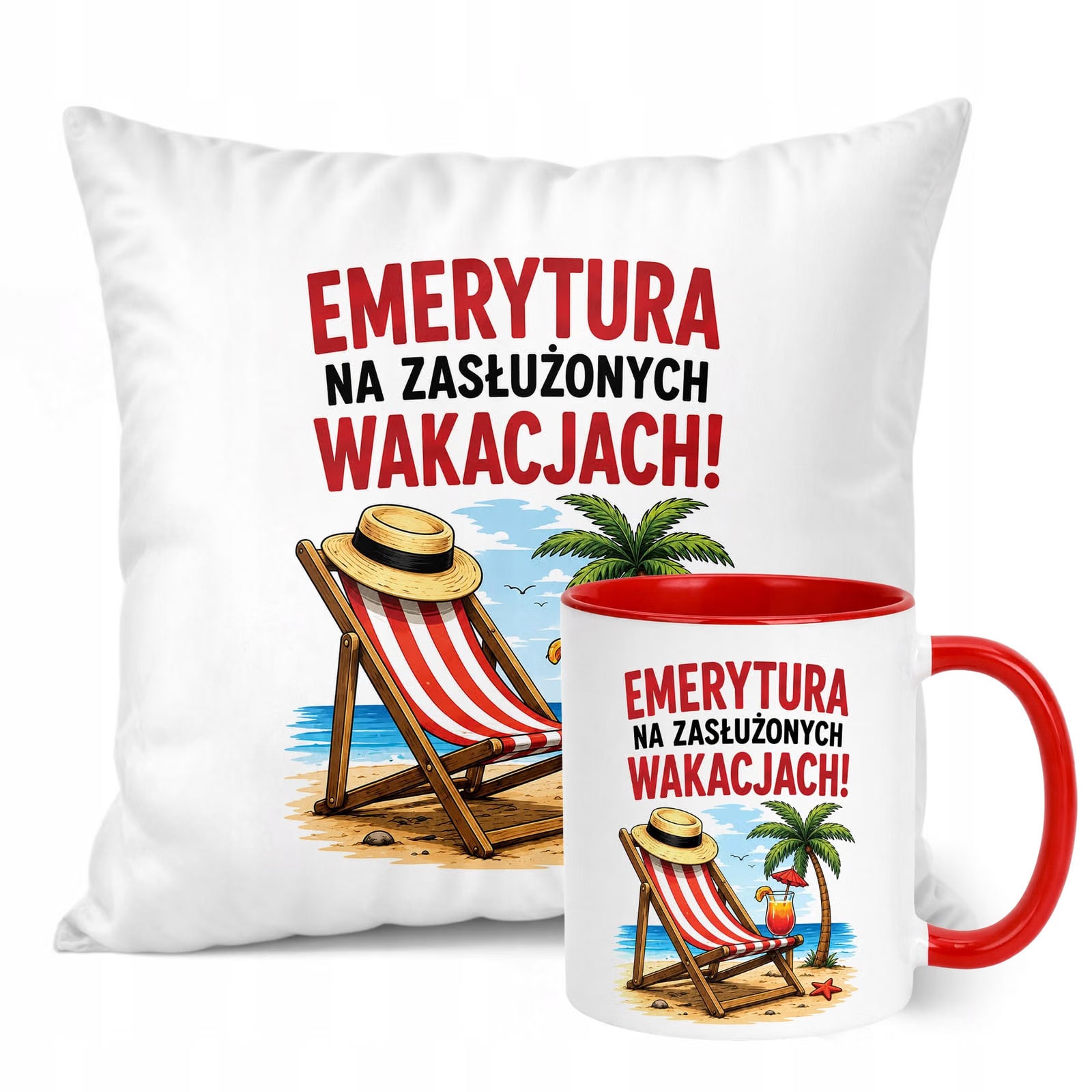 Zestaw Kubek Czerwony Poduszka Z Nadrukiem Emerytura Prezent