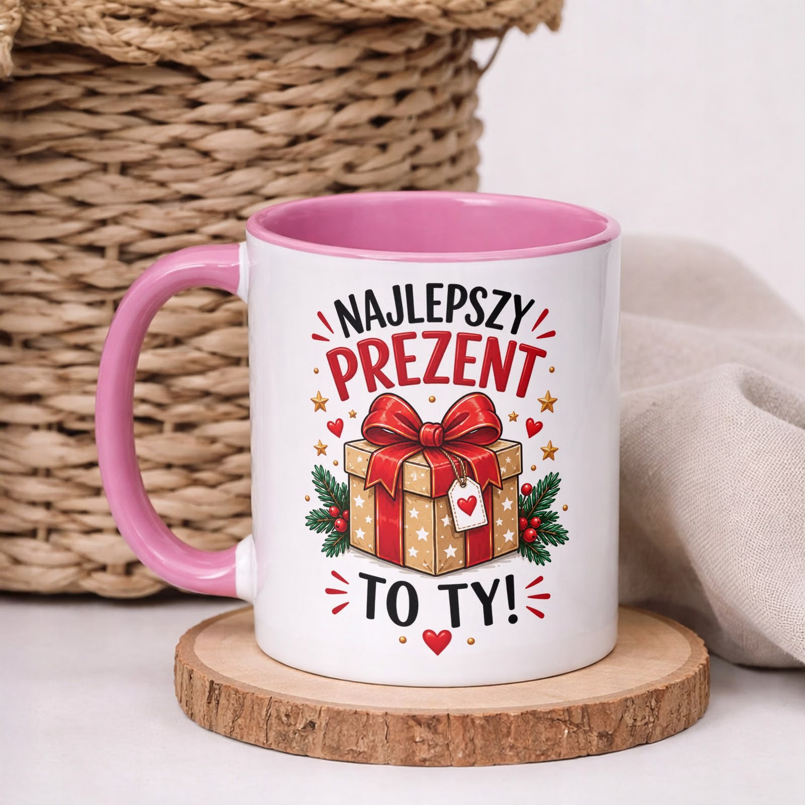 Kubek Różowy z Nadrukiem Boże Narodzenie Mikołajki Najlepszy Prezent To Ty