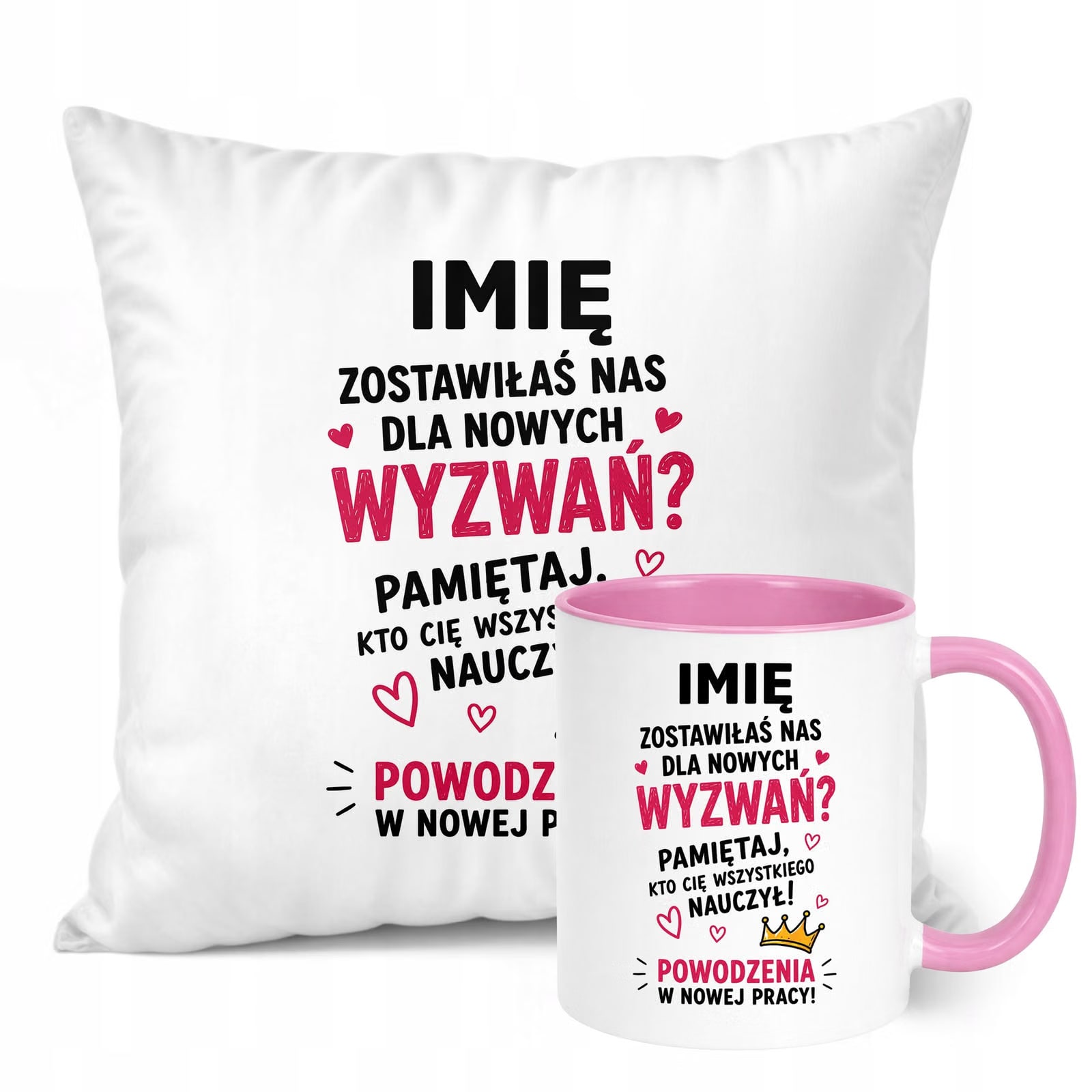 Zestaw Personalizowany Kubek Różowy Poduszka Odejście z Pracy Prezent