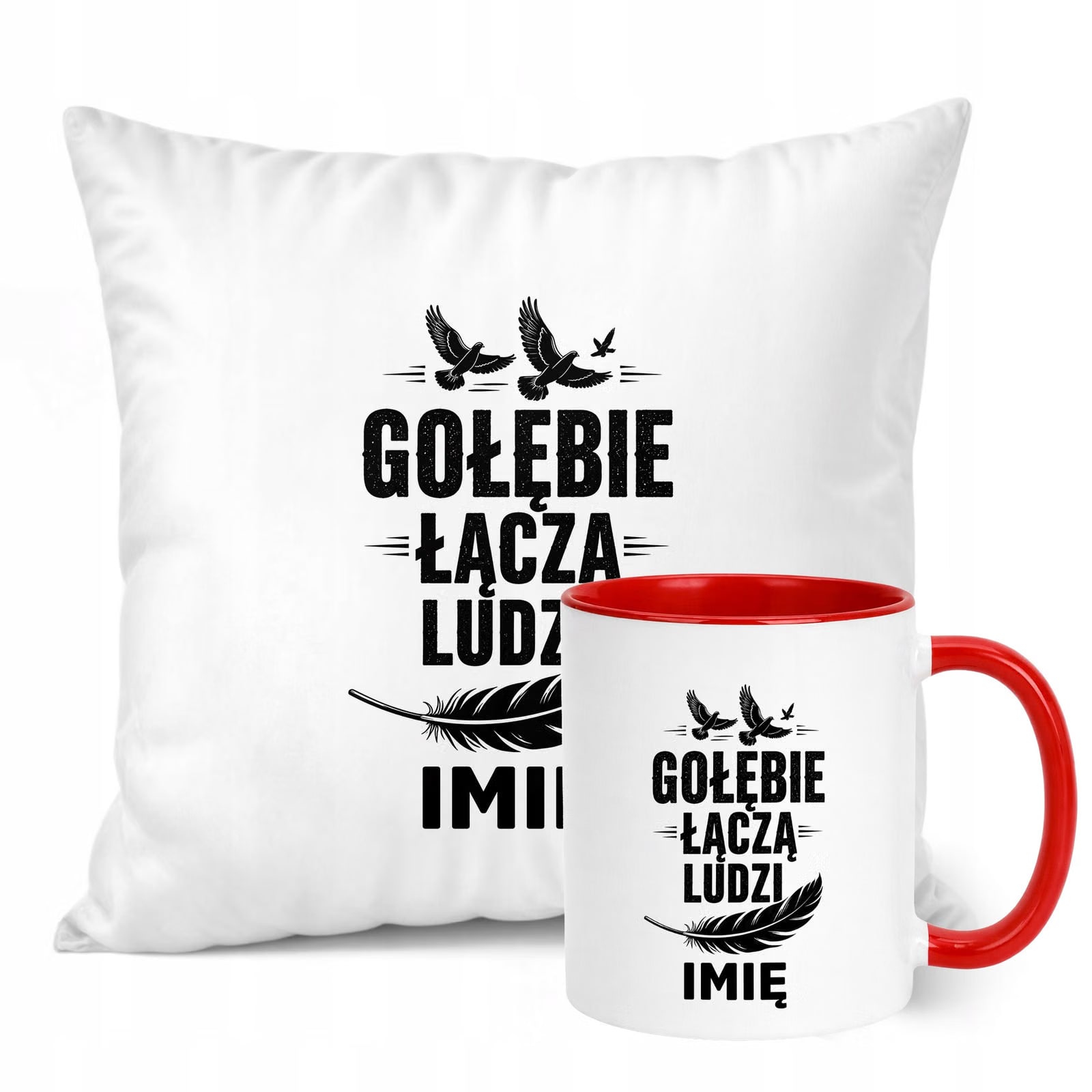 Zestaw Personalizowany Kubek Czerwony Poduszka Z Nadrukiem Dla Gołębiarza