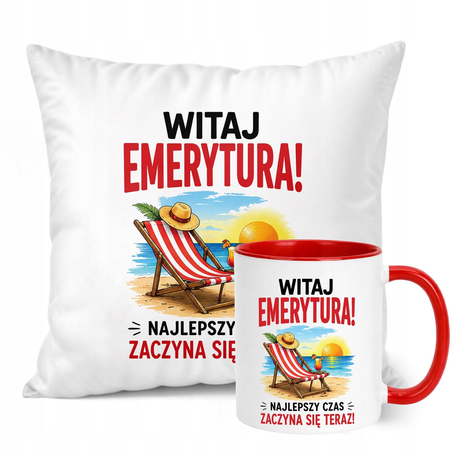 Zestaw Kubek Czerwony Poduszka Z Nadrukiem Emerytura Prezent