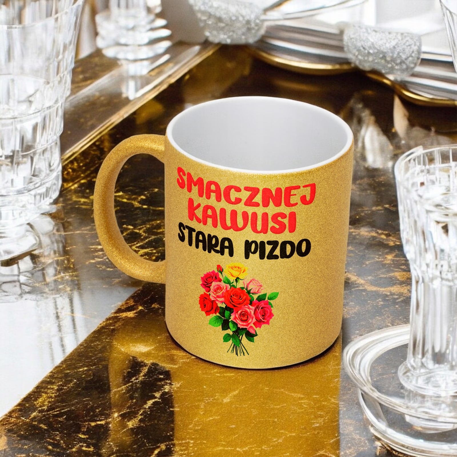 Złoty Kubek Brokatowy Smacznej Kawusi Stara Piz*o Zabawny Prezent
